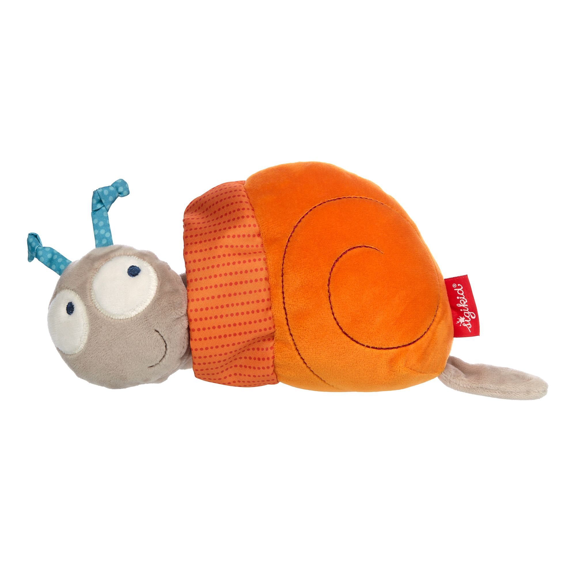 Stoffschnecke mit orangefarbenem Gehäuse, grauem Kopf und blauen Fühlern. Rotes Etikett mit "sigikid".