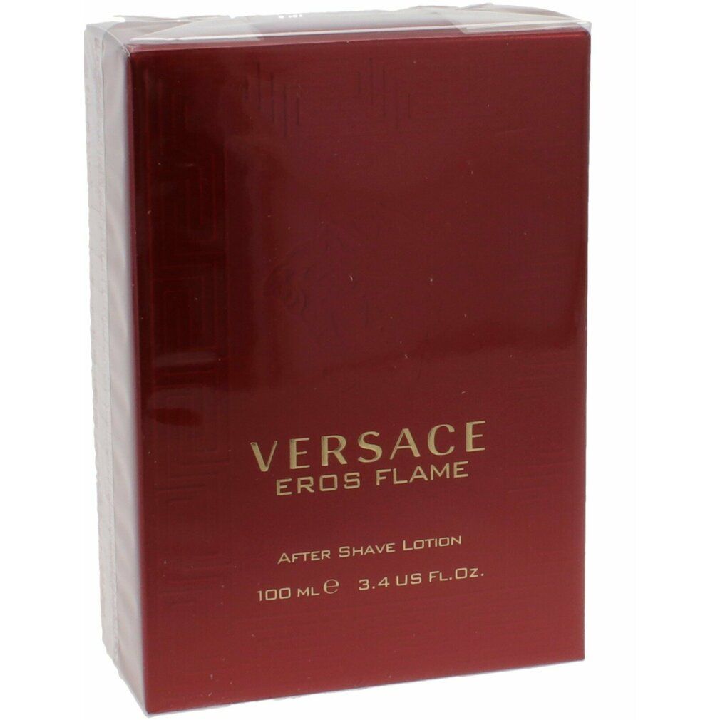 Versace Eros Flame After Shave Lotion Flakon in Rot mit goldenem Verschluss.