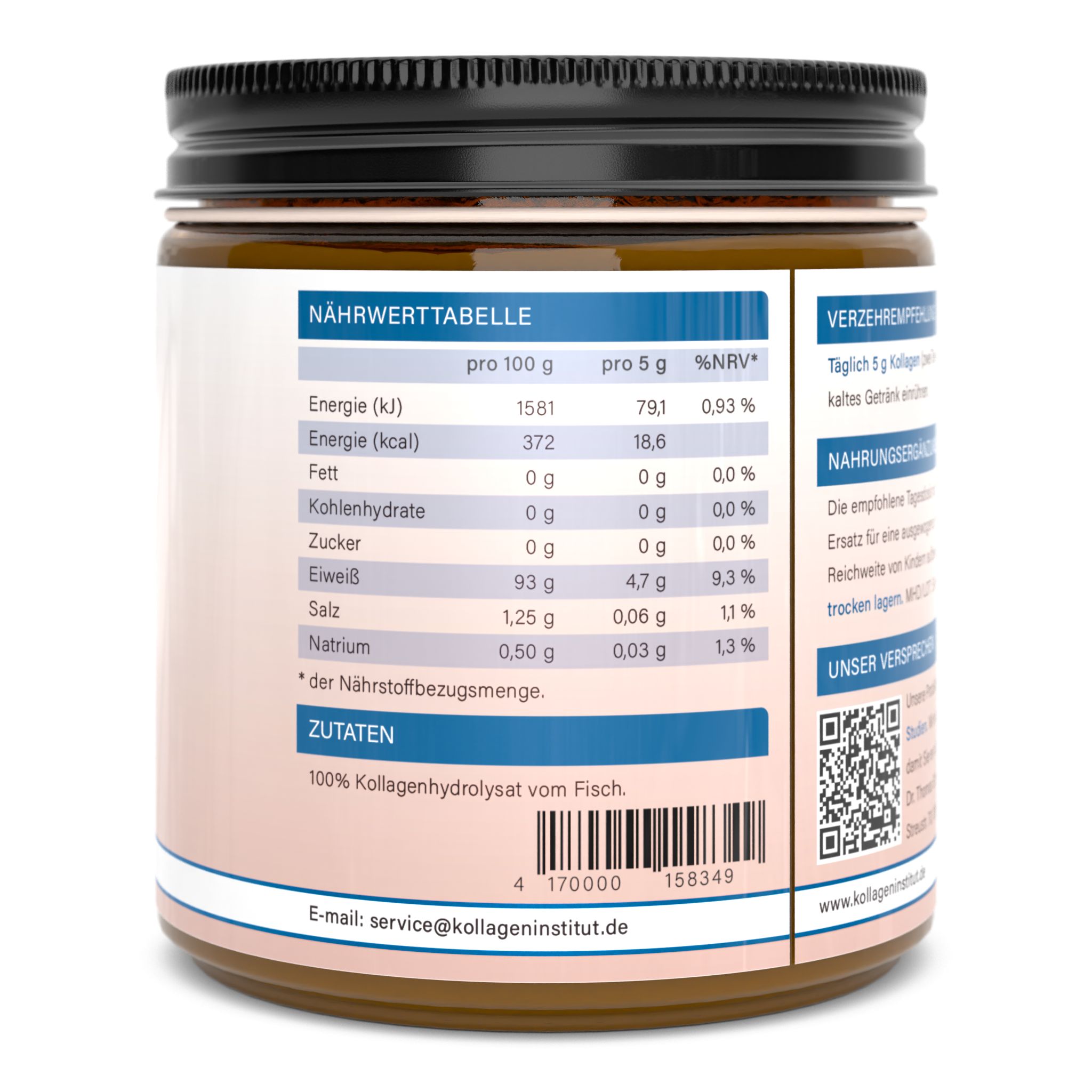 Rückseite einer Dose. Nährwerttabelle, Zutatenliste: 100% Kollagenhydrolysat vom Fisch. E-Mail-Adresse und Website-Adresse.