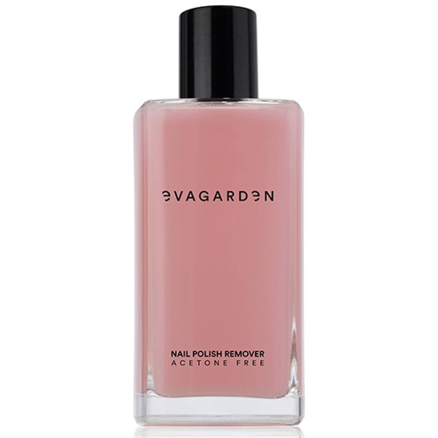 Rosa Flüssigkeit in einer rechteckigen Glasflasche mit schwarzem Deckel. Aufschrift: Eva Garden, Nail Polish Remover, Aceton Free.