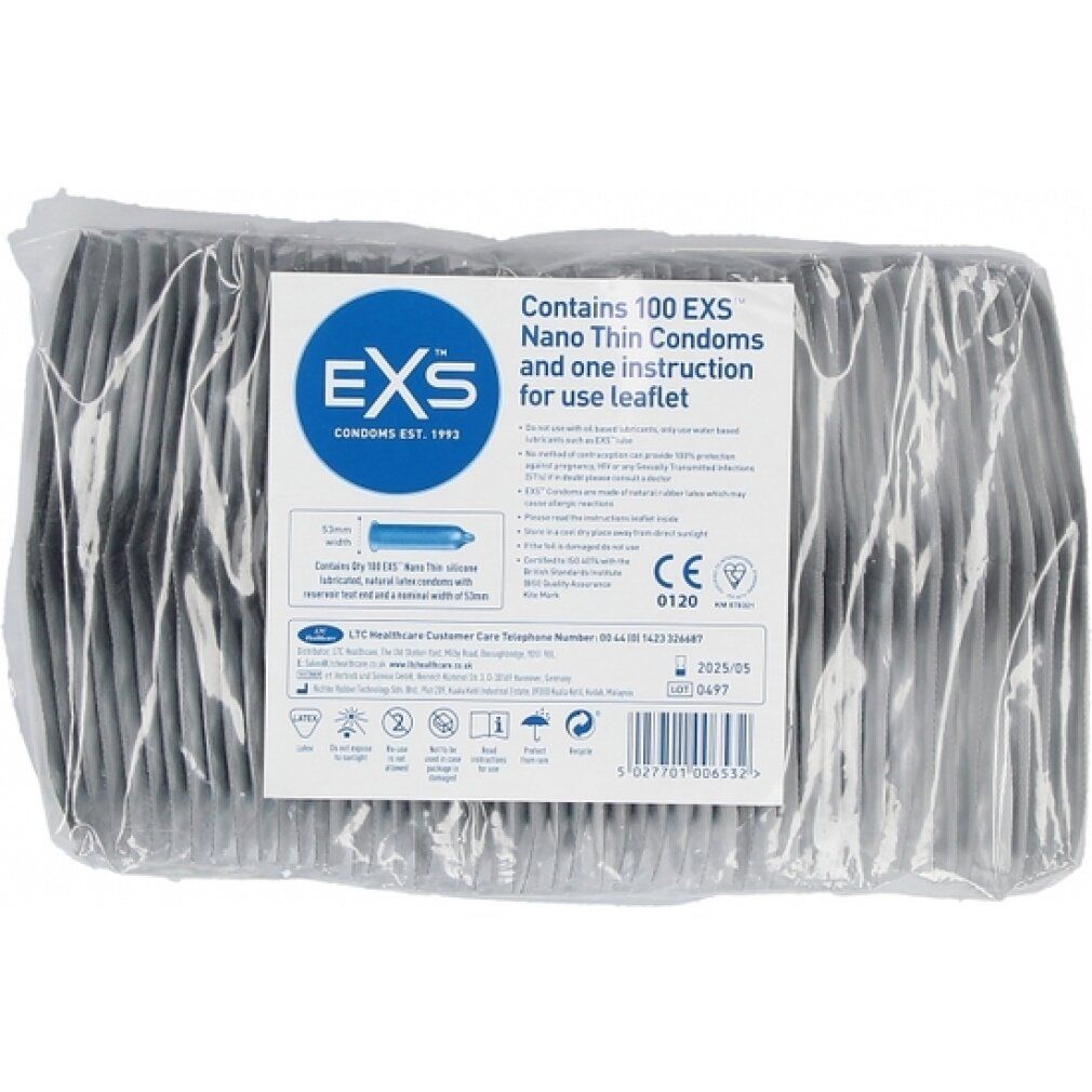 Verpackung mit 100 EXS Nano Thin Kondomen. Enthält eine Gebrauchsanweisung. Transparente Verpackung.