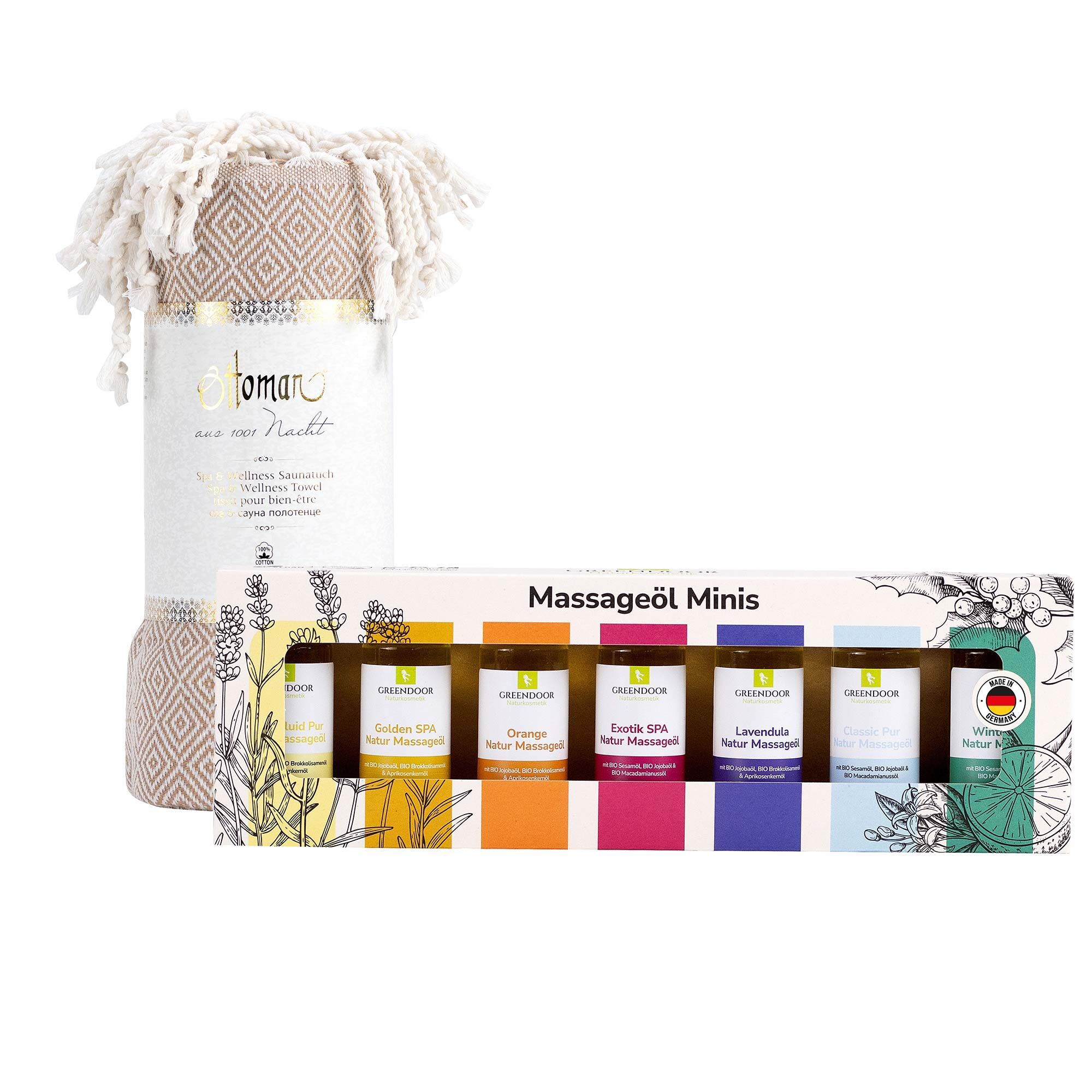 GREENDOOR Hamam Set Massage Mini: Sechs kleine Massageölflaschen und eine kleine Hamam-Decke.