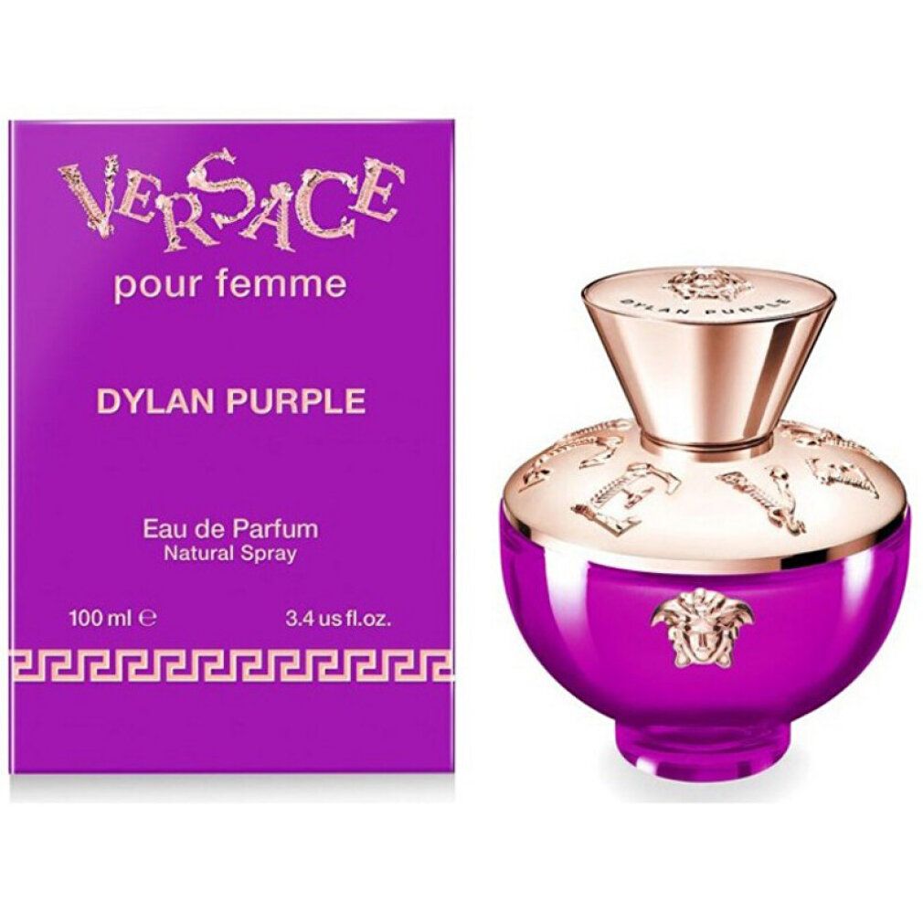 Violette Schachtel und Flakon. Auf der Schachtel: Versace, Dylan Purple, Eau de Parfum. Flakon mit goldfarbenem Deckel.