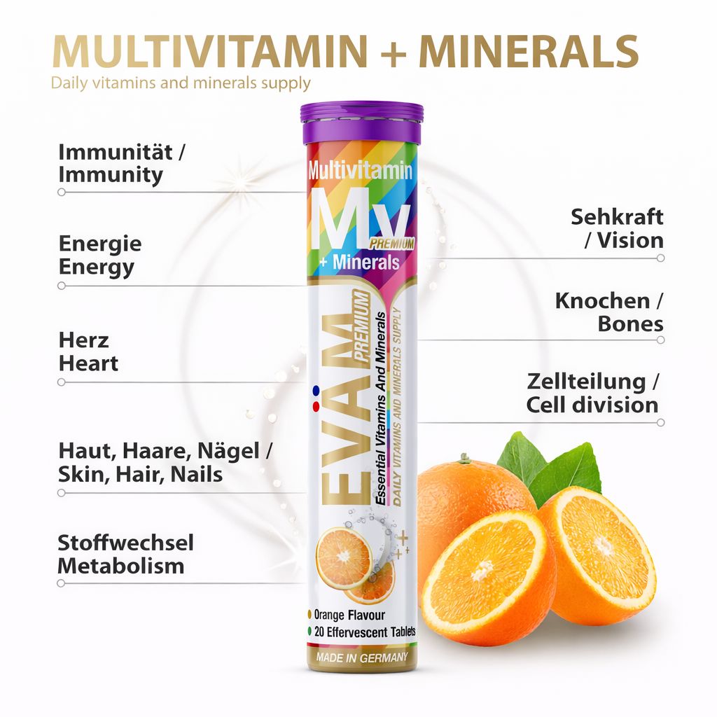 EVÄM Multivitamin + Mineralien Tube. Text: Immunität, Energie, Herz, Haut, Stoffwechsel, Seh- und Knochenfunktion. Vegan.