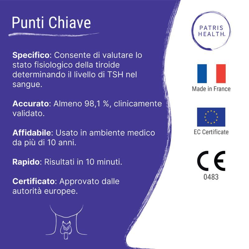 Confezione del test TSH Patris Health®. Scatola con nome del prodotto, logo, certificazioni e origine.