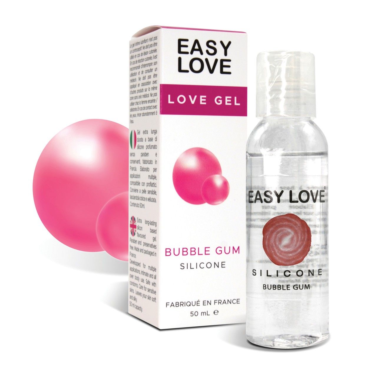 Produktverpackung und Flasche. Aufschrift: EASY LOVE, LOVE GEL, BUBBLE GUM, SILICONE. Flasche mit durchsichtiger Flüssigkeit.