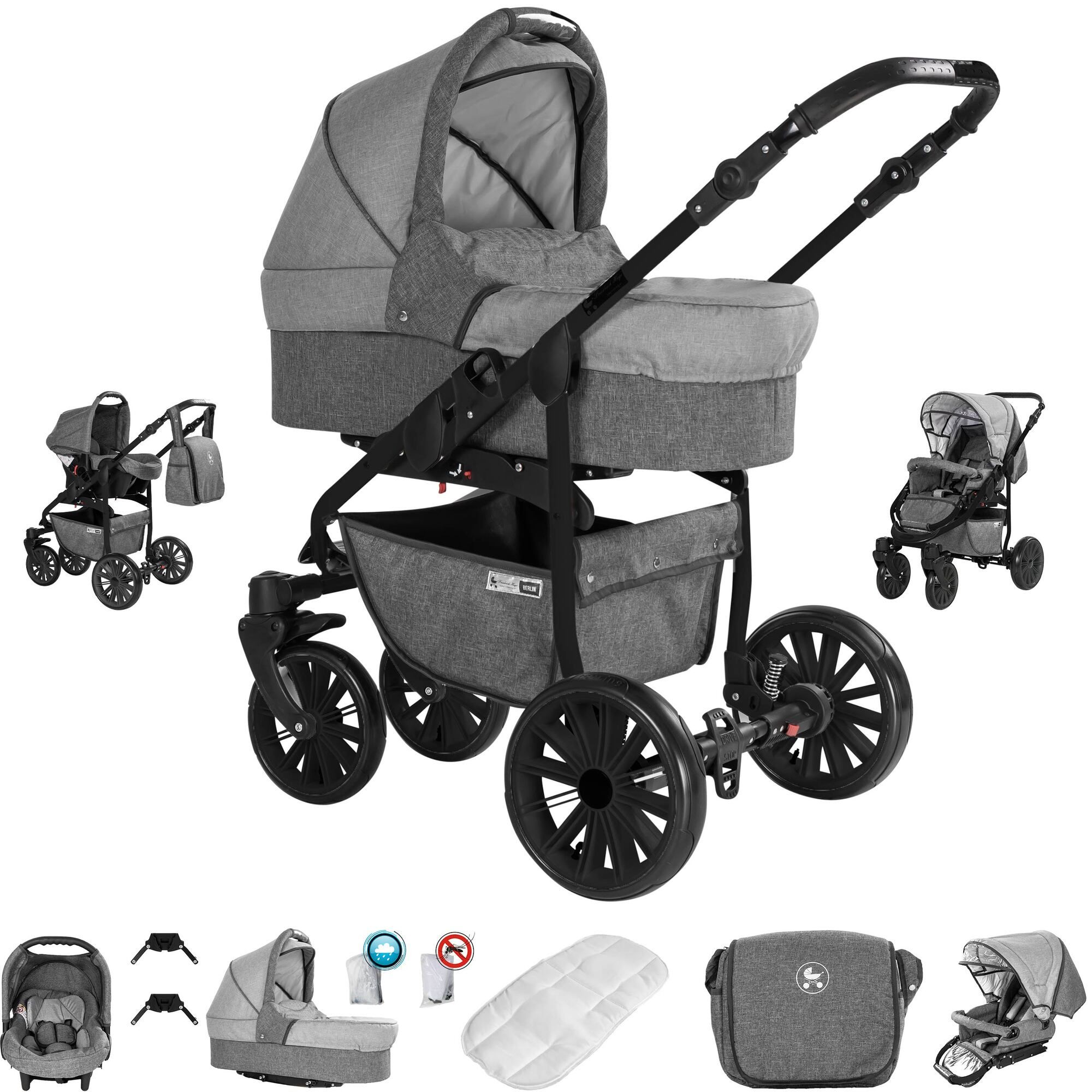 Kinderwagen-Set, grau und hellgrau. Vier große Räder, Korb, Tragetasche, Zubehör. Mehrere Ansichten.