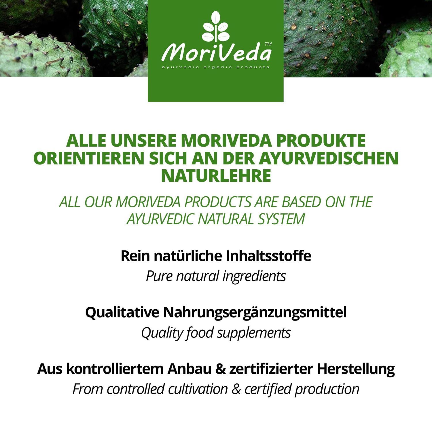 Text: Alle unsere Mori Veda Produkte orientieren sich an der ayurvedischen Naturlehre. Reine natürliche Inhaltsstoffe. Qualitative Nahrungsergänzungsmittel.