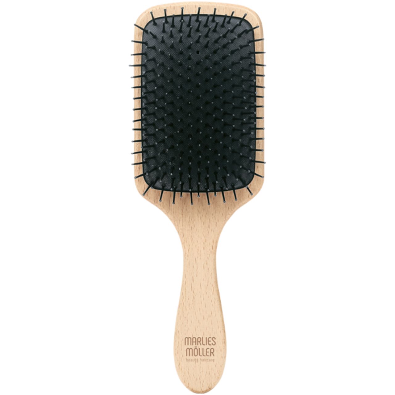 Haarbürste mit Holzgriff und schwarzem Borstenfeld. Rechteckiger Bürstenkopf, abgerundete Ecken. Markenlogo am Griff.