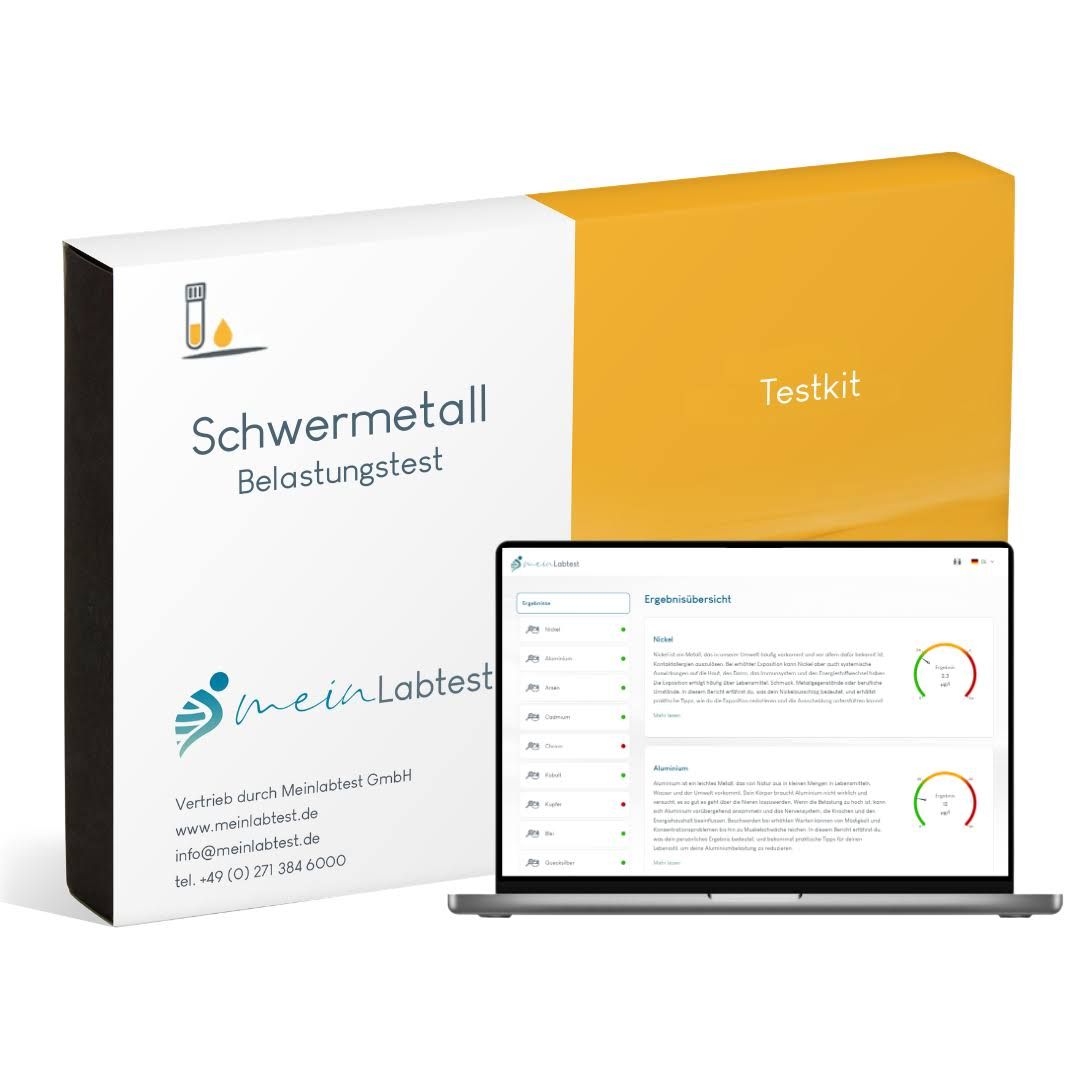 Weiß-gelbe Verpackung mit Aufdruck "Schwermetall Belastungstest". Laptop mit Testergebnissen.