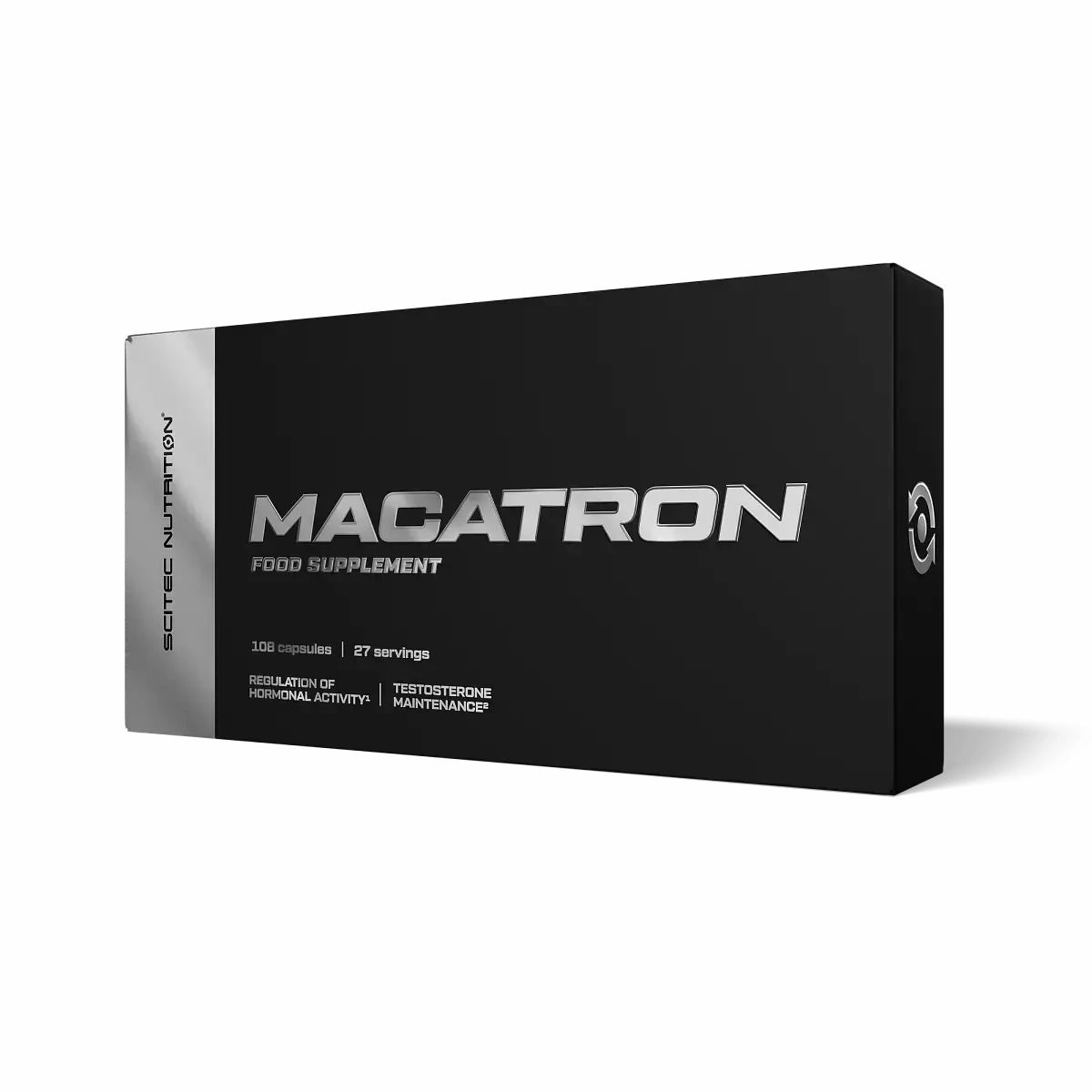 Schwarze Schachtel mit silbernem Schriftzug MACATRON. Enthält 100 Kapseln. Aufschrift: Food Supplement, Testosteron-Erhaltung.