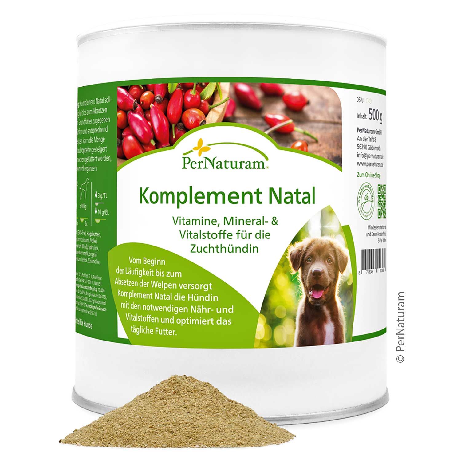 PerNaturam Komplement Natal Dose mit Etikett. Produktname, Hundebild, Produktinformationen. Haufen Pulver vor der Dose.