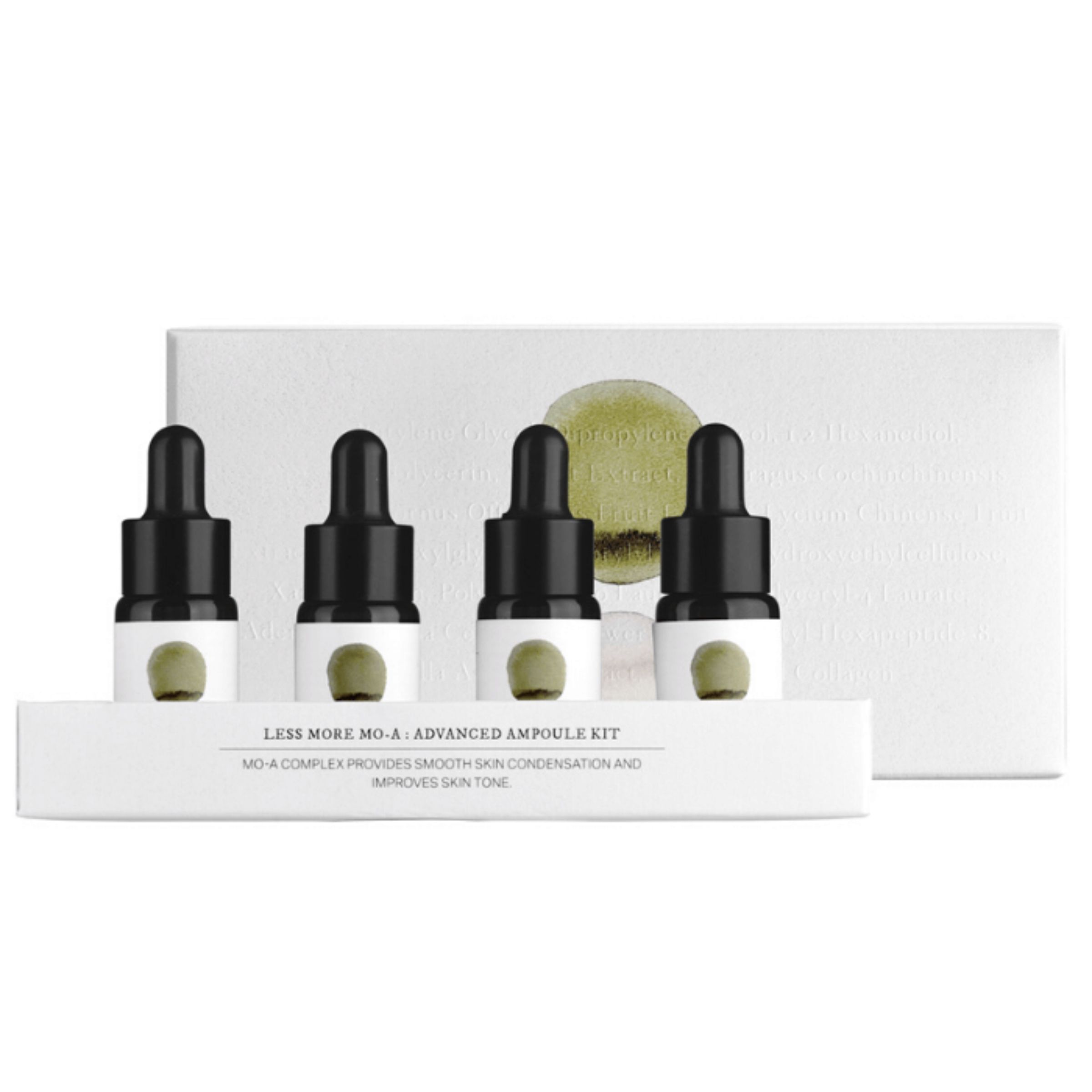Hanisul Mo-A Advanced Ampulle Kit. Vier Fläschchen mit schwarzen Pipetten in einer weißen Verpackung. Text: LESS MORE MO-A ADVANCED AMPOULE KIT.