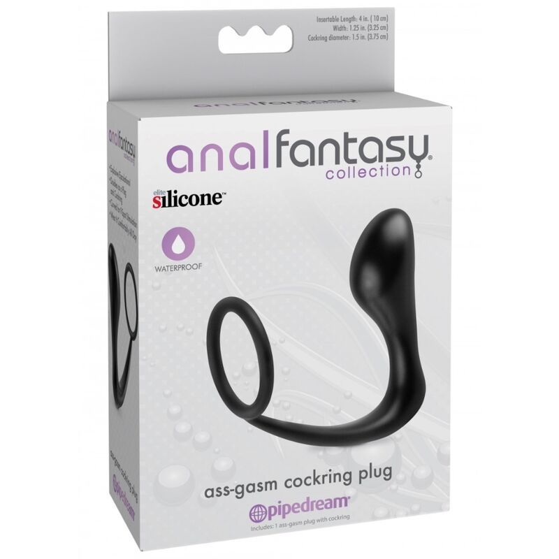 Verpackung von Anal Fantasy Collection. Enthält ein schwarzes Cockring-Plug. Auf der Verpackung steht 'silicone' und 'waterproof'.