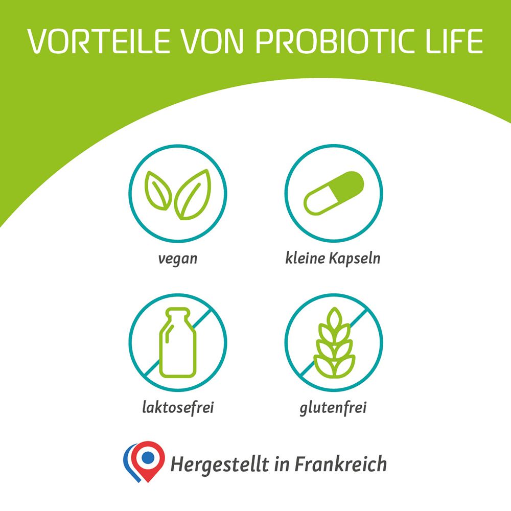 Grafik mit Symbolen: vegan, kleine Kapseln, laktosefrei, glutenfrei. Text: Vorteile von Probiotic Life. Hergestellt in Frankreich.
