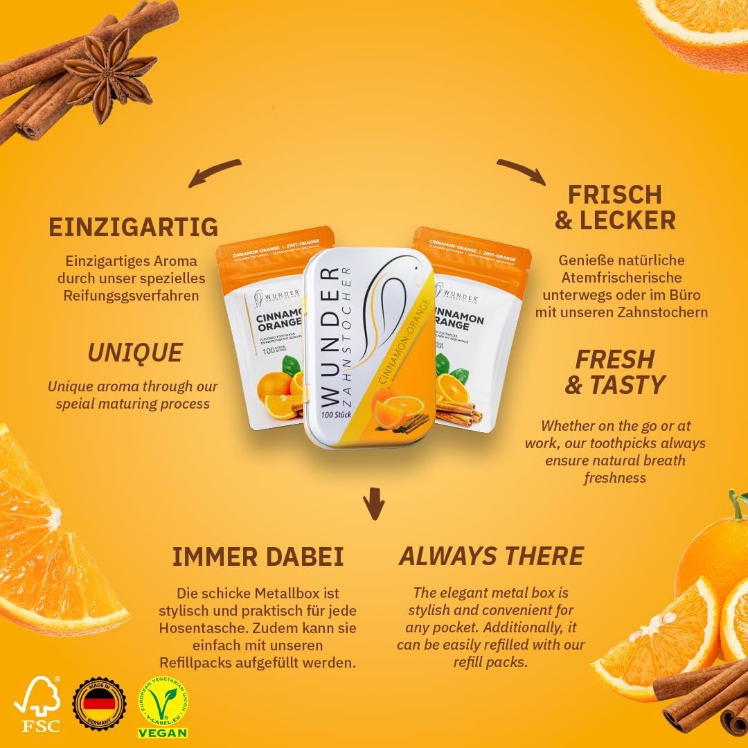 Zahnstocher-Set mit Metallbox und Nachfüllpackungen. Zimt-Orange-Geschmack. FSC- und Vegan-Siegel.