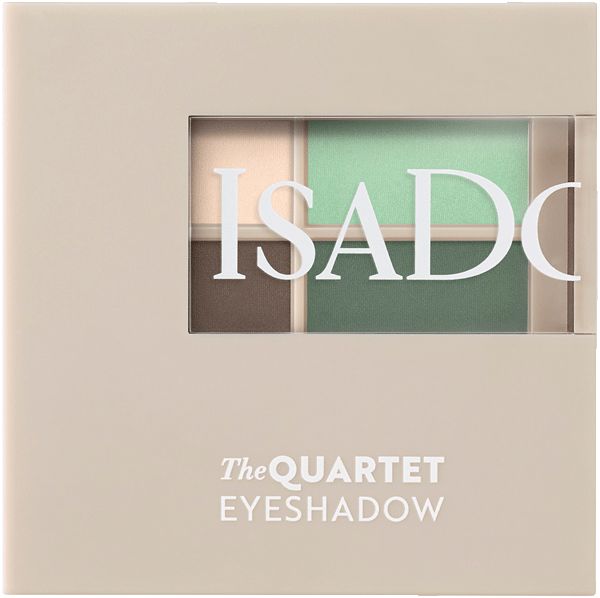 Lidschatten-Quartett in beiger Verpackung. Vier Farbtöne durch Fenster sichtbar. Marke: IsaDora. Text: The Quartet Eyeshadow.