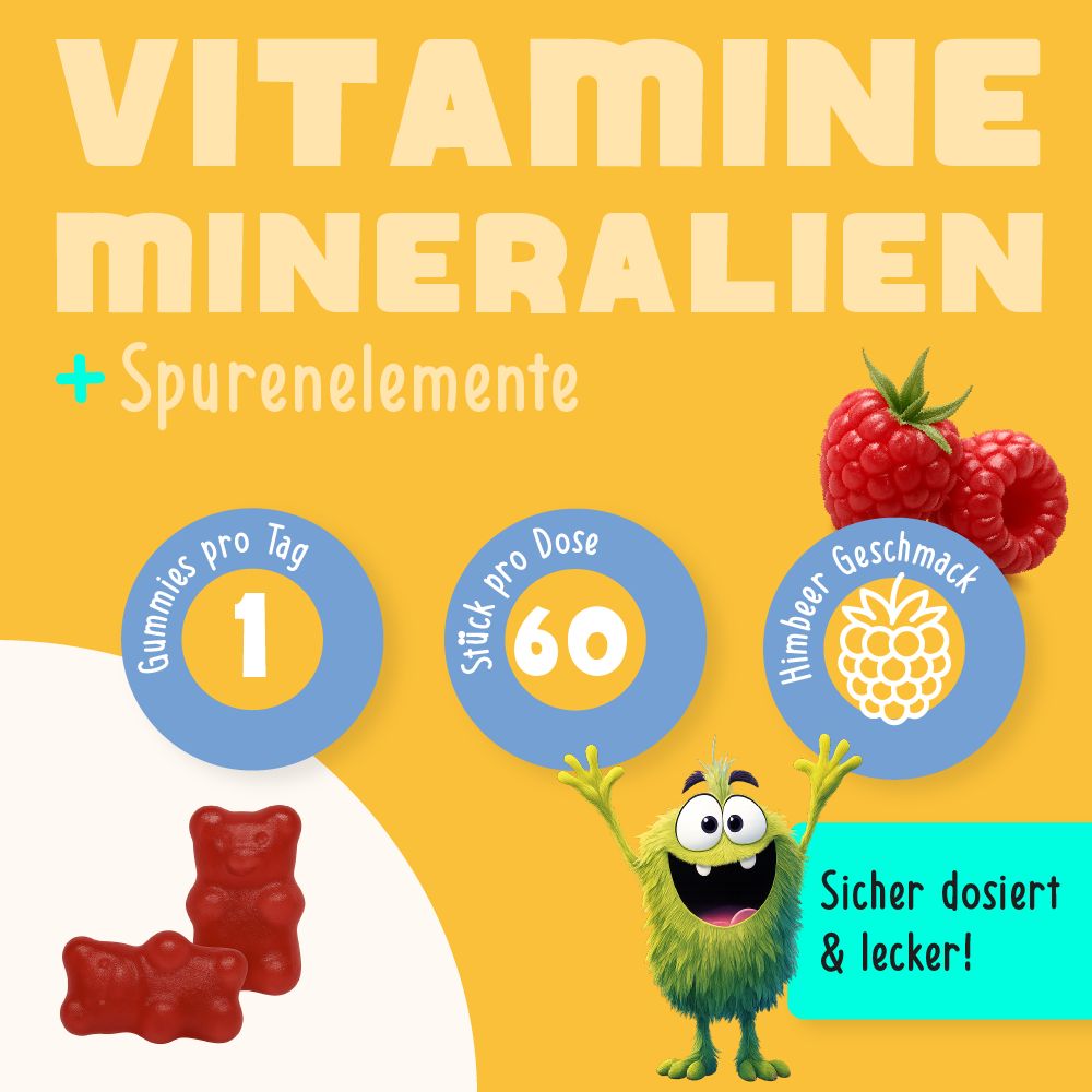 Grafik mit Informationen zu Gumtamin Kids Multi Gummies. Zeigt Himbeeren, 1 Gummie pro Tag, 60 Stück pro Dose. Aufschrift: Himbeergeschmack.