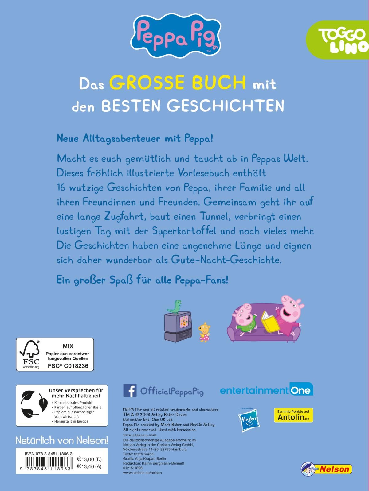 Buch "Peppa Pig: Das große Buch mit den besten Geschichten". Rückseite mit Text, Illustrationen und Logos.
