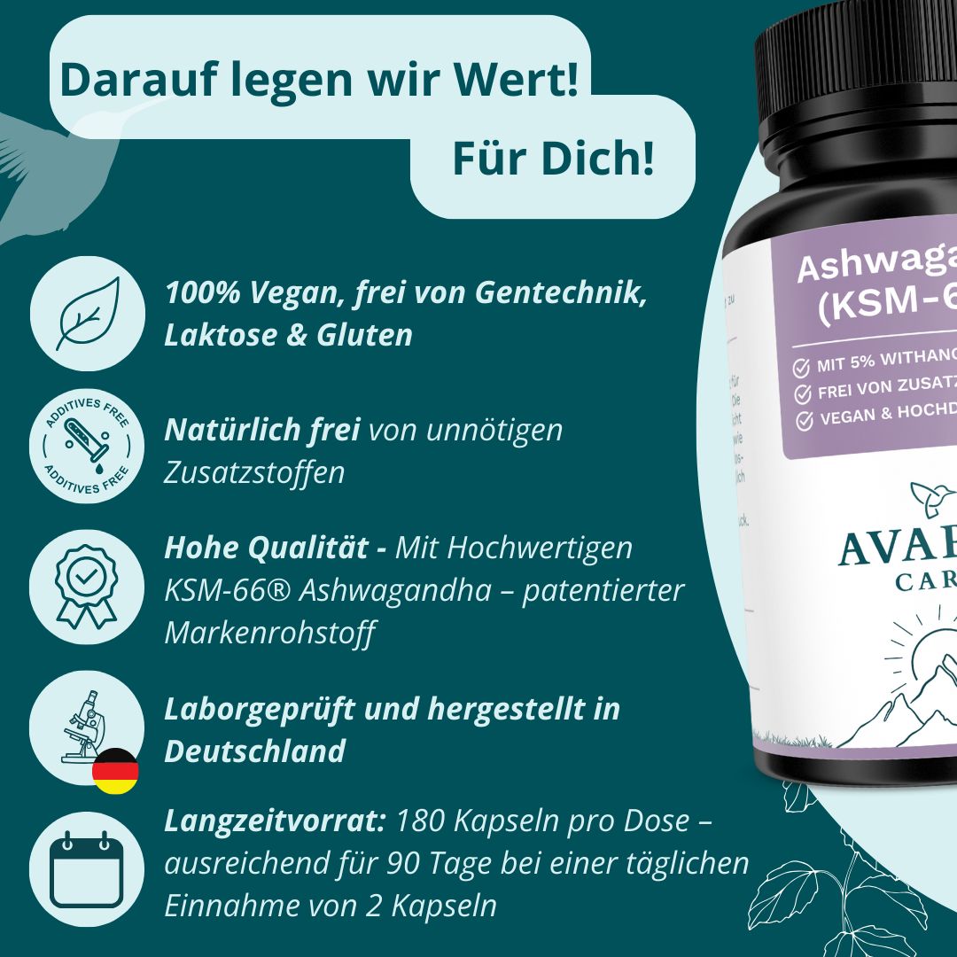 Produktflasche mit Ashwagandha. Text: 100% Vegan, frei von Gentechnik, Laktose & Gluten, Laborgeprüft, 180 Kapseln.
