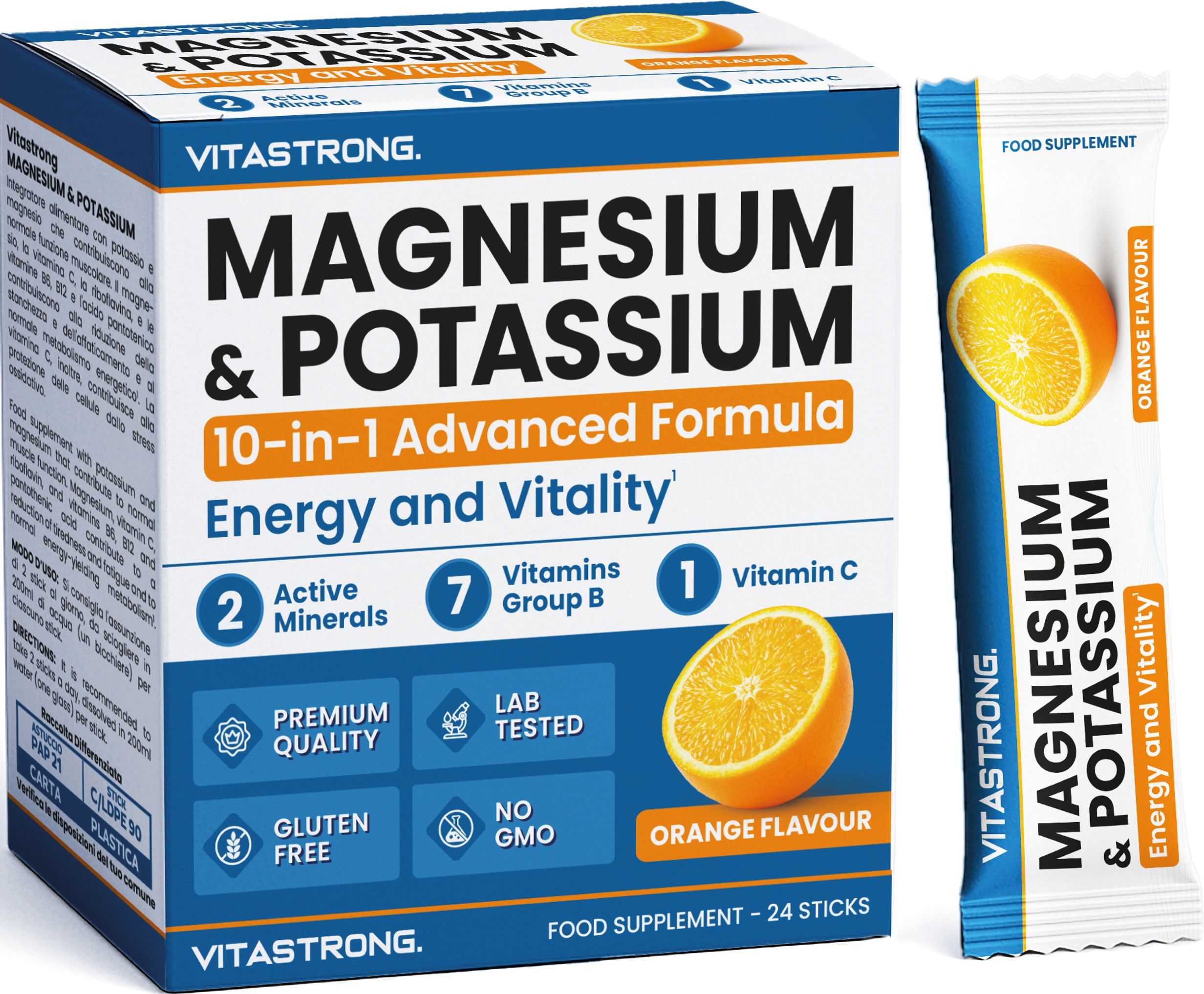 Vitastrong Magnesium & Kalium 24 Sticks Orange. Karton mit einem Stick.