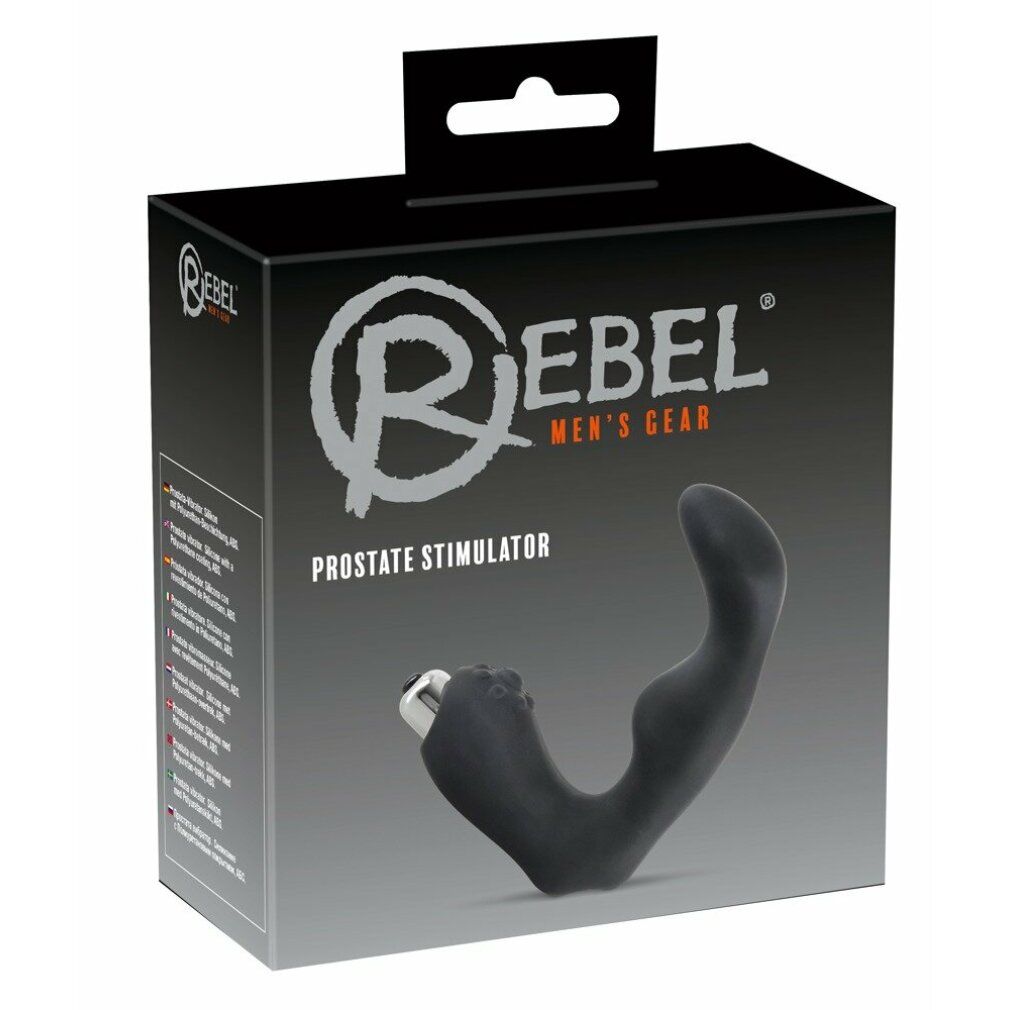Verpackung eines schwarzen Vibrators. Marke: Rebel. Text: Prostate Stimulator.