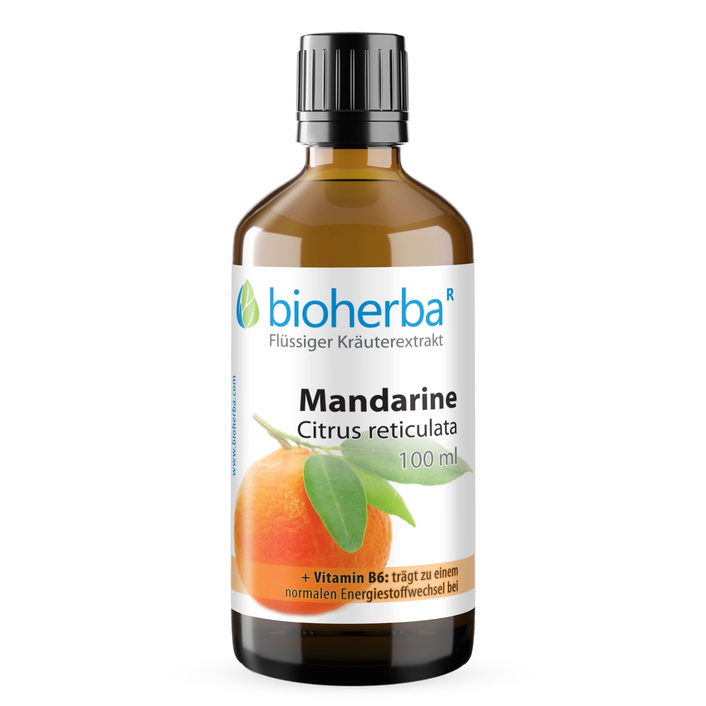 Etikett mit Produktinformationen und Mandarinen-Abbildung. Marke: Bioherba. Enthält Mandarine Citrus reticulata Tropfen Tinktur.