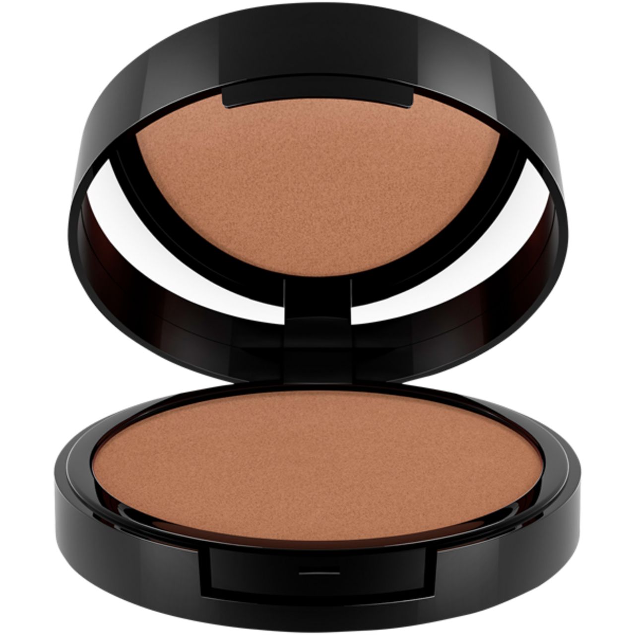 Offene, schwarze Kosmetikdose mit cremefarbenem Blush. Deckel mit Spiegel. Produkt mit brauner Farbe.