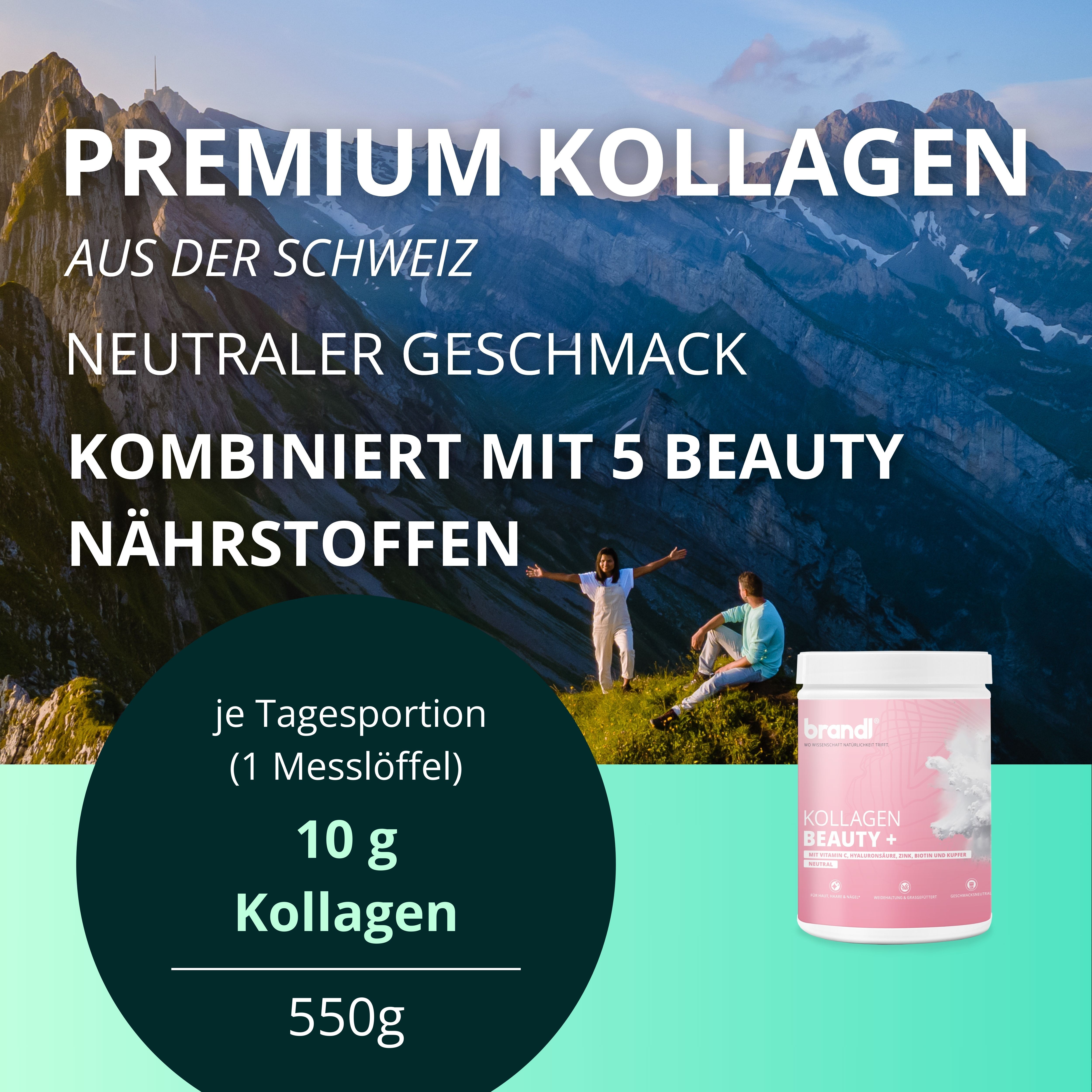 Werbung mit Berglandschaft. Text: Premium Kollagen, aus der Schweiz. Kleiner Behälter brandl® Kollagen Beauty +.