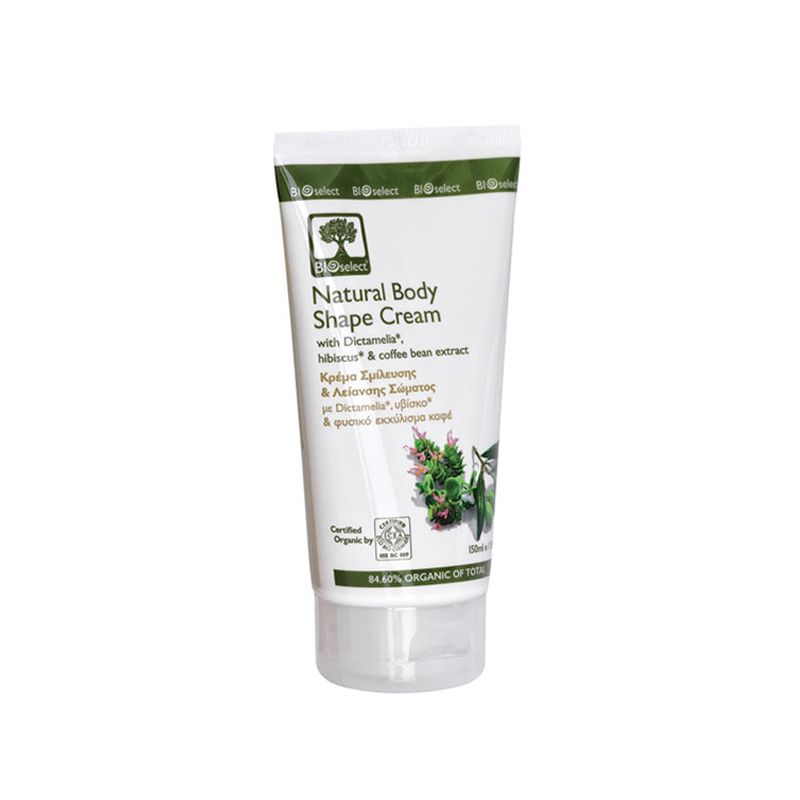 Weiß-grüne Tube mit Produktbezeichnung und Logo. Text: Natural Body Shape Cream. Zertifiziertes Bio-Produkt.