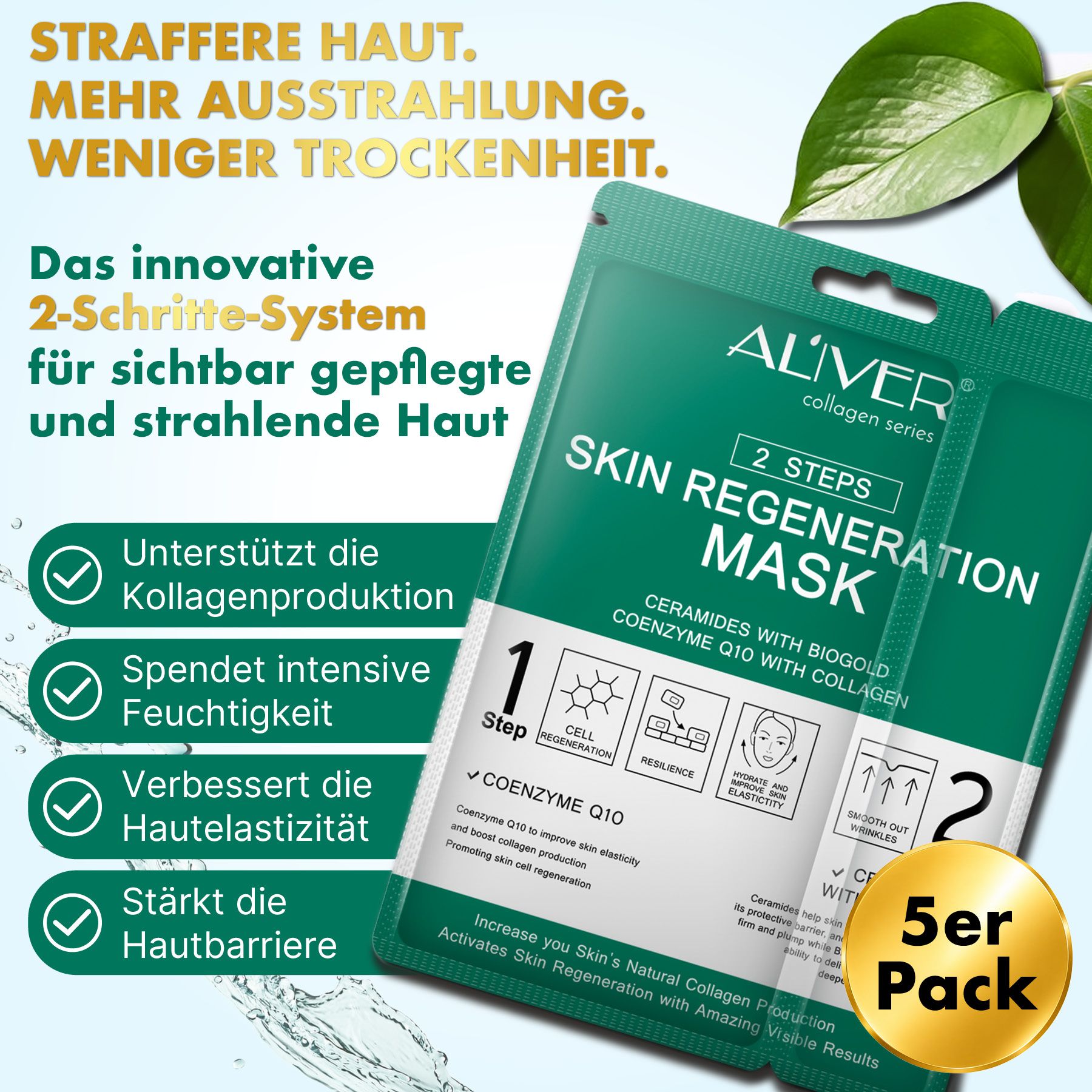 ALIVER 5er Pack Skin Regeneration Maske, 2-Schritte-System mit Kollagen und Coenzym Q10.