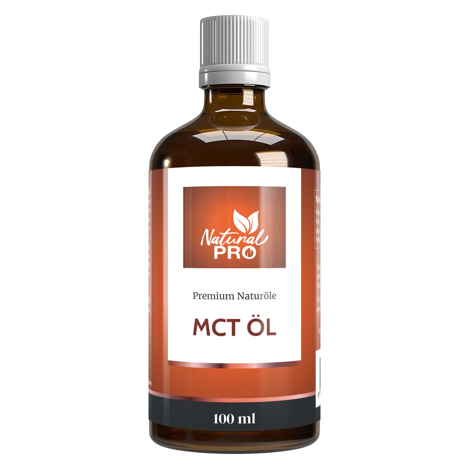 Braune Glasflasche mit weißem Deckel und Etikett. Aufschrift: Natural Pro, MCT Öl, 100 ml.
