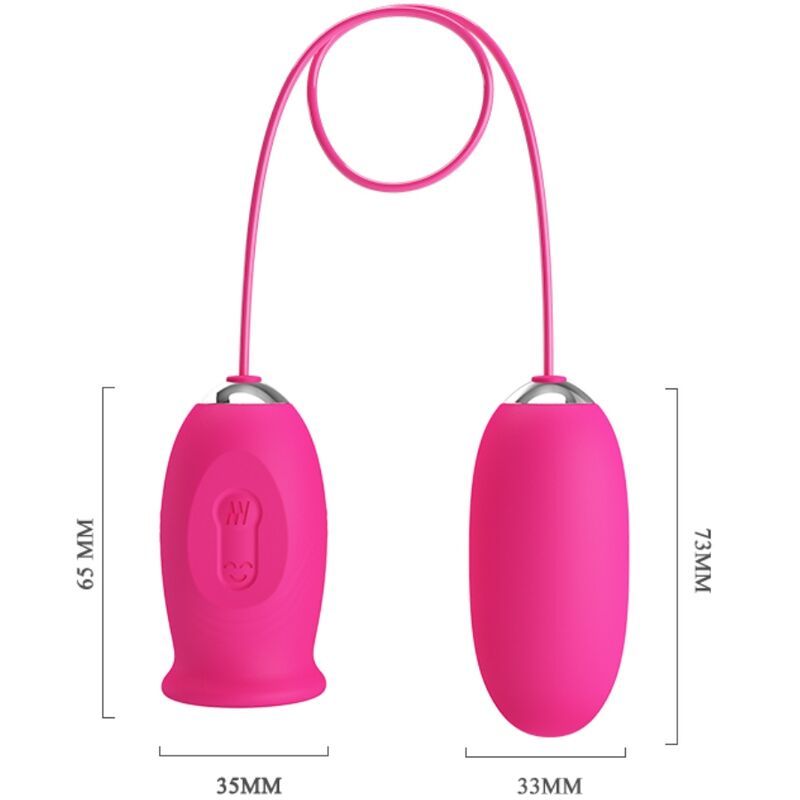 Rosa Ei-Vibrator mit zwei Teilen, verbunden durch ein rosa Kabel. Abmessungen: 65x35mm und 73x33mm. Ein Teil hat eine Taste.