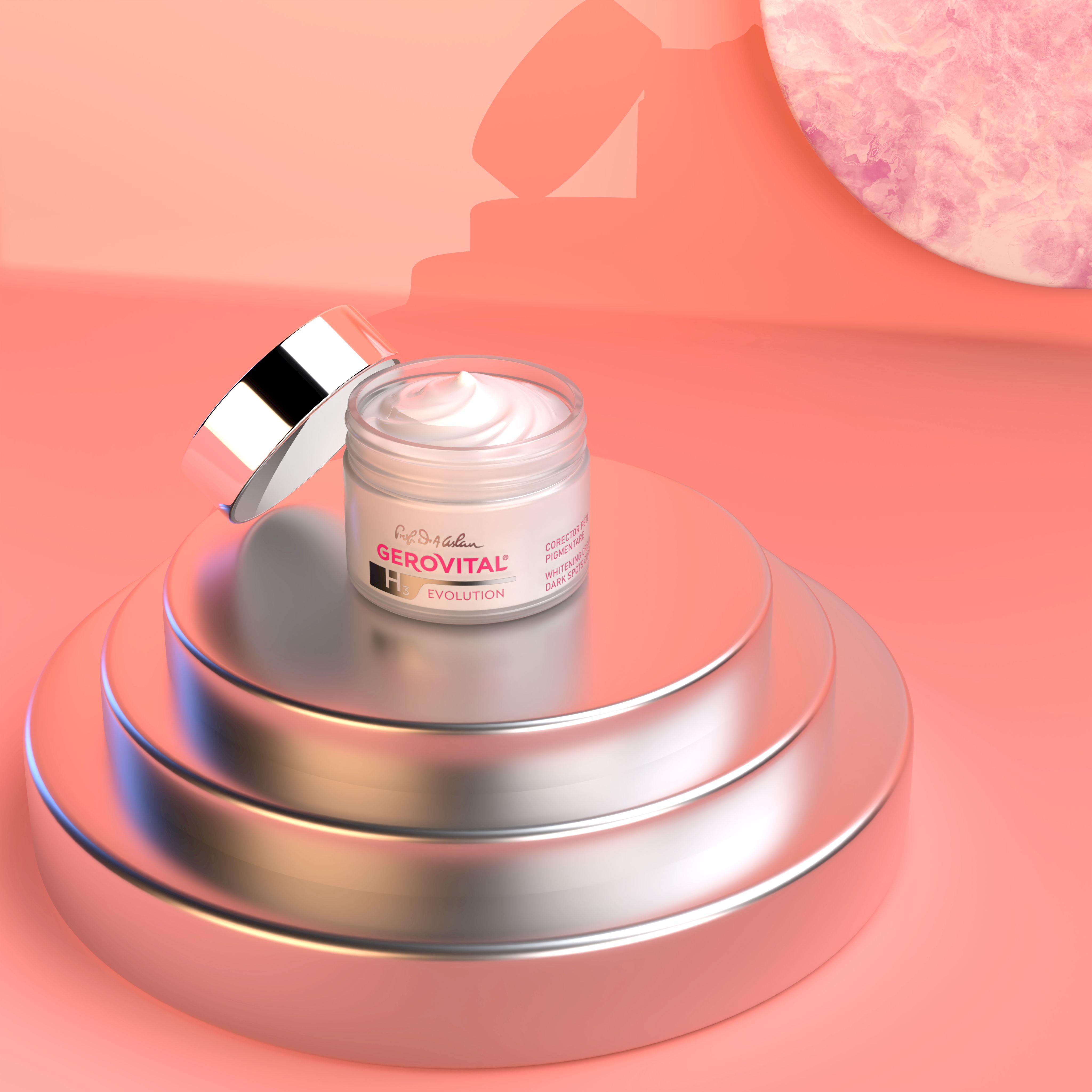 Creme-Tiegel auf Podest. Aufschrift: Gerovital H3 Evolution, Corrector Pete Pigmentare, Whitening Cream, Dark Spots Corrector.