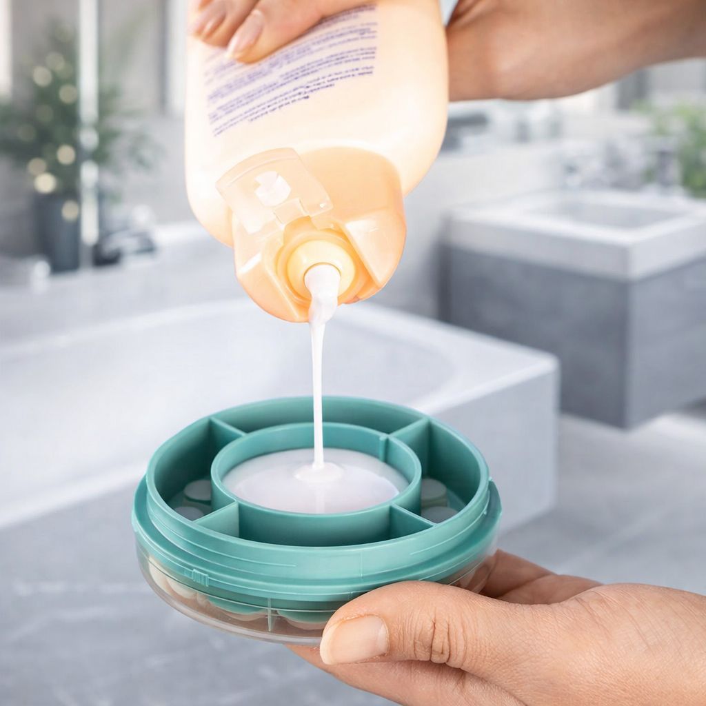 Hände halten eine Flasche und gießen Creme in einen grünen Behälter mit weißen Noppen. Der Behälter ist rund.