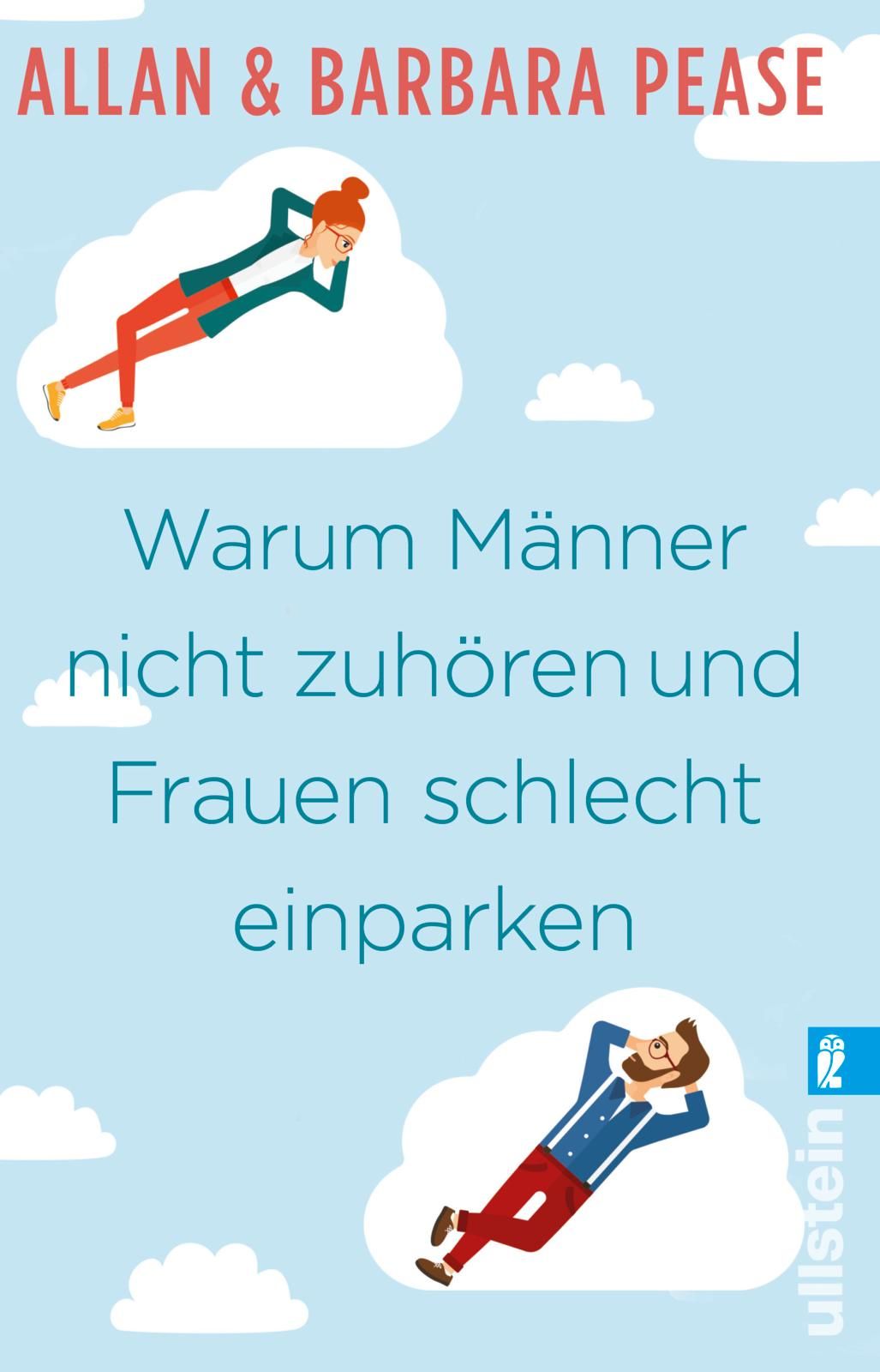 Buchcover mit Titel "Warum Männer nicht zuhören und Frauen schlecht einparken". Autoren: Allan & Barbara Pease. Illustrationen von Mann und Frau auf Wolken.