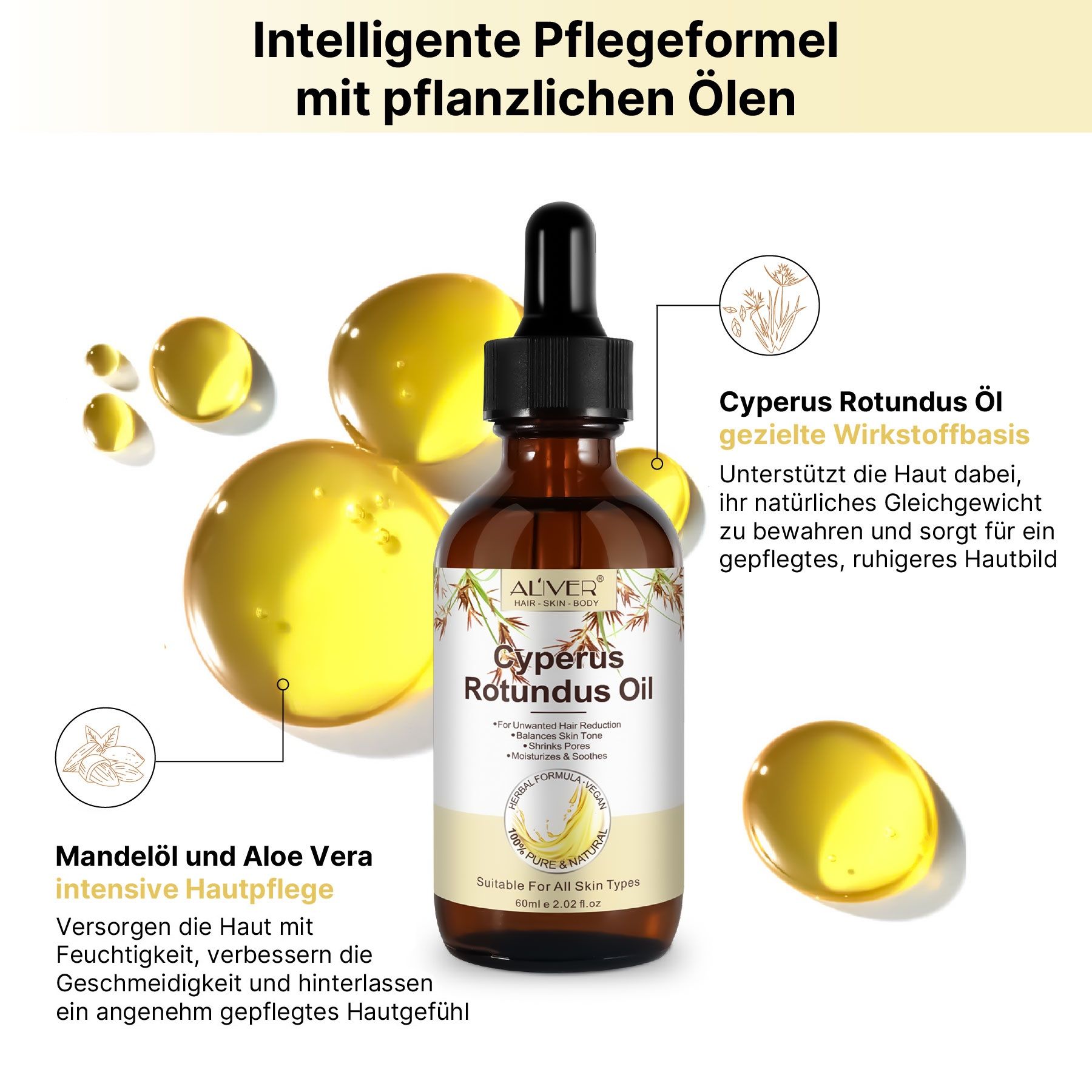 Braune Glasflasche mit Pipette und gelben Tropfen. Aufschrift: Cyperus Rotundus Oil. Mandelöl und Aloe Vera.