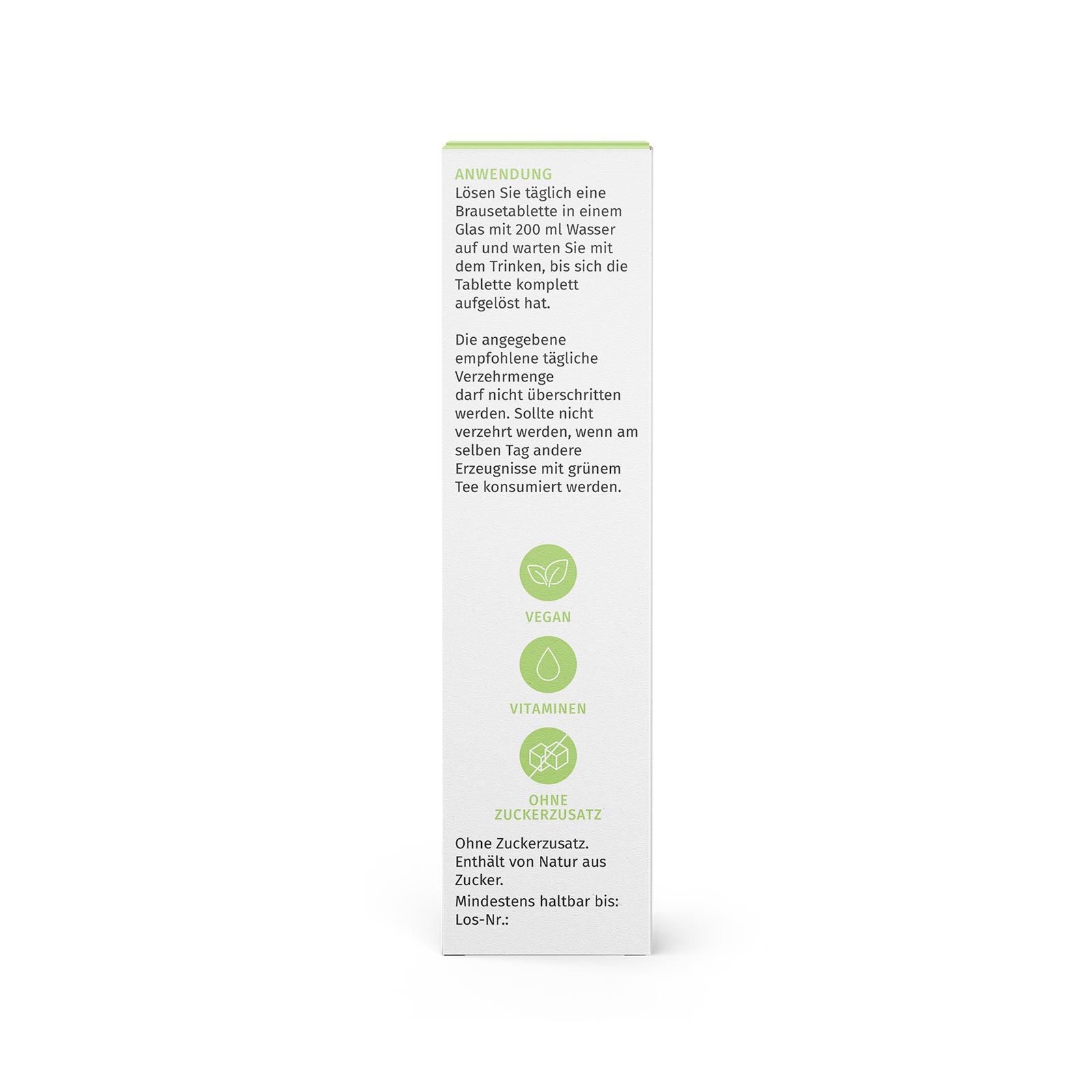 Seite der Super Greens Verpackung. Anwendungshinweise, vegan, vitaminreich, ohne Zuckerzusatz. Marke: NutraLinea.