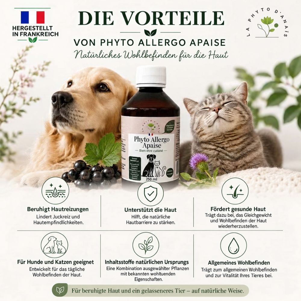 Vorteile von Phyto Allergic Apaise für Hunde und Katzen: Beruhigt Haut, unterstützt die Haut, fördert gesunde Haut.