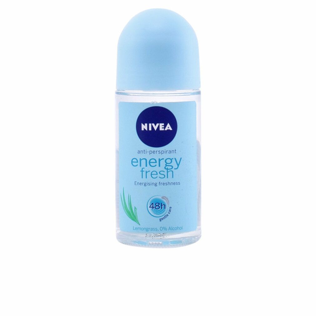 Roll-on-Deodorant mit blauem Deckel. Aufschrift NIVEA, energy fresh, 48h. Mit Lemongrass, 0% Alkohol.