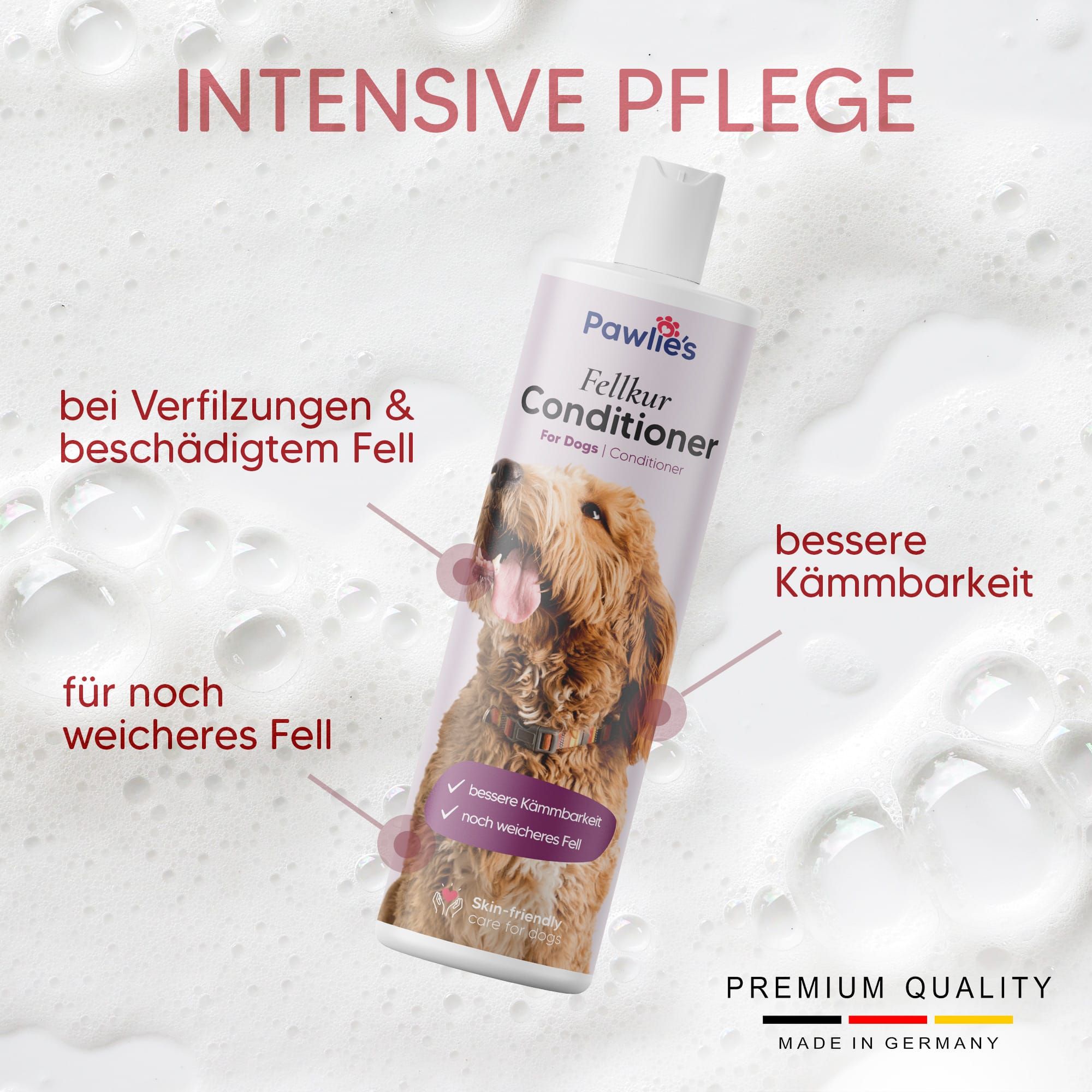 Flasche Pawlie's Fellkur Conditioner für Hunde. Produktname, Hundefoto. Text: bessere Kämmbarkeit, weicheres Fell. Premium Quality.