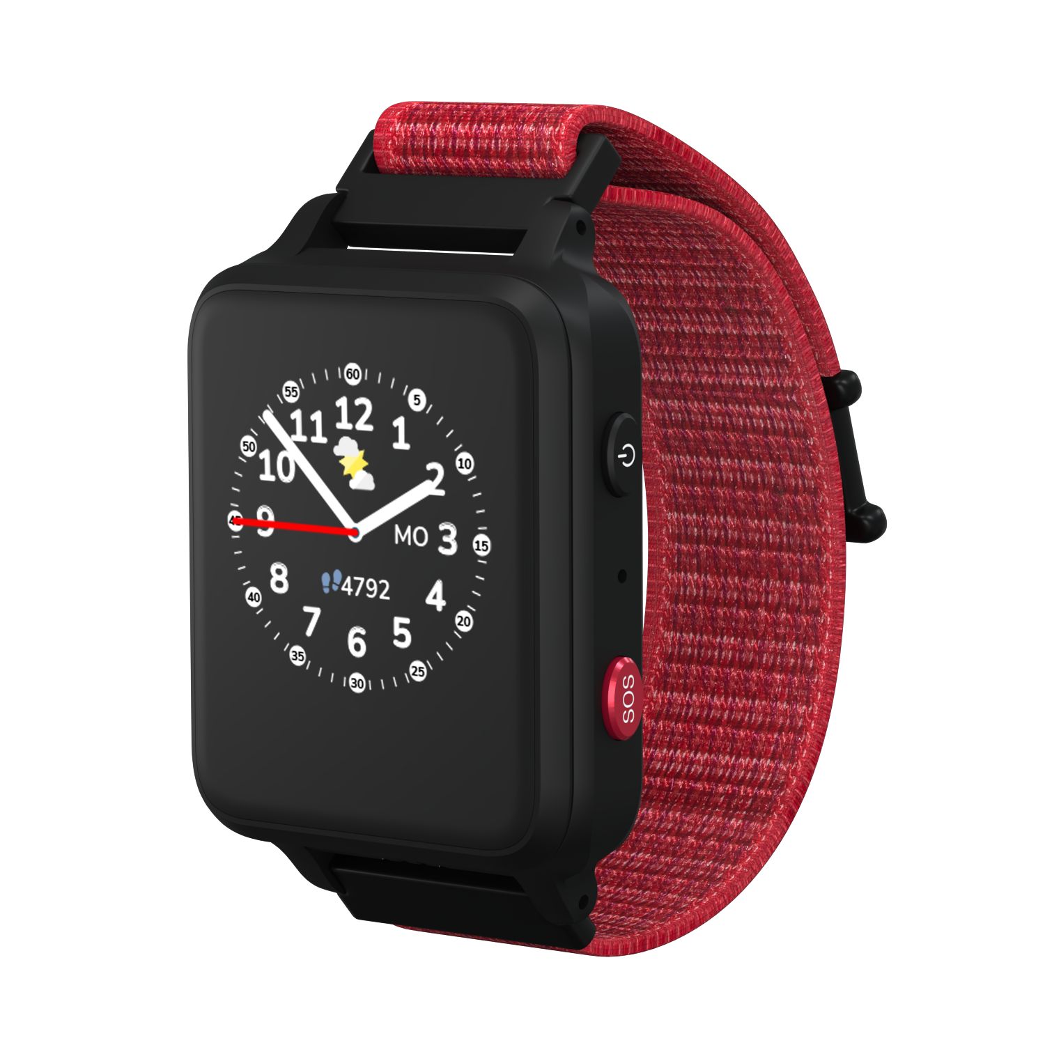 Schwarze Smartwatch mit rotem Armband. Zifferblatt mit Zahlen und Zeigern. Roter SOS-Knopf.