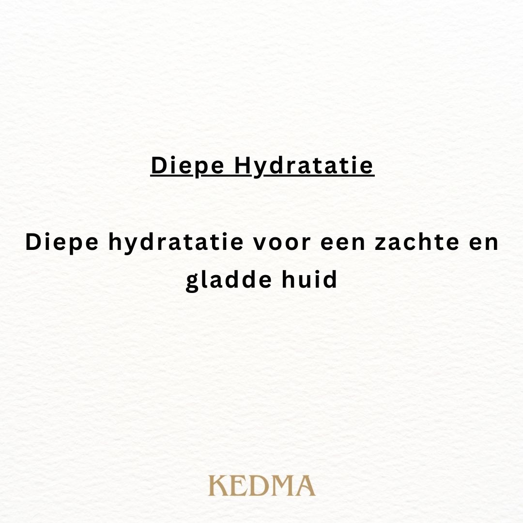 Tekst: Diepe hydratatie. Diepe hydratatie voor een zachte en gladde huid. Kedma-logo.
