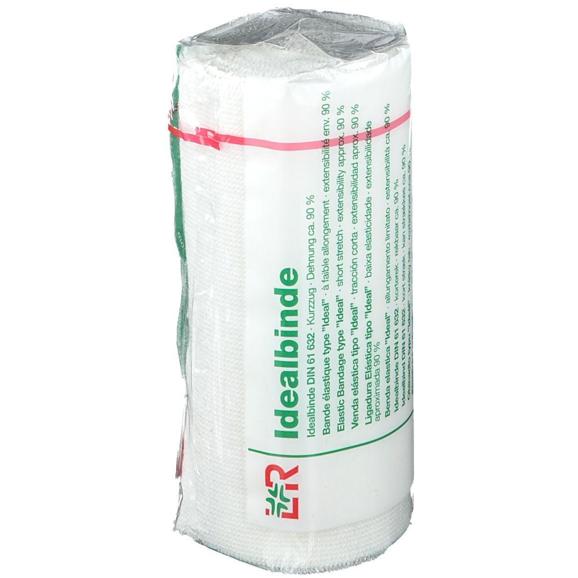 Elastische Binde, weiß, in Folie verpackt. Mit rotem Gummiband. Aufdruck: Idealbinde, L&R Logo, Details.