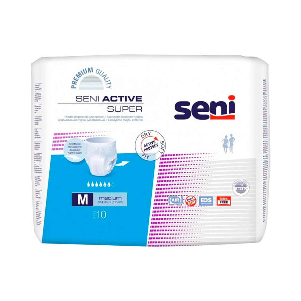 Verpackung Seni Active Super Inkontinenzpants. Weiße Packung mit Produktabbildung. Größe M, 10 Stück. Marke Seni, Logo und Produktbezeichnung.
