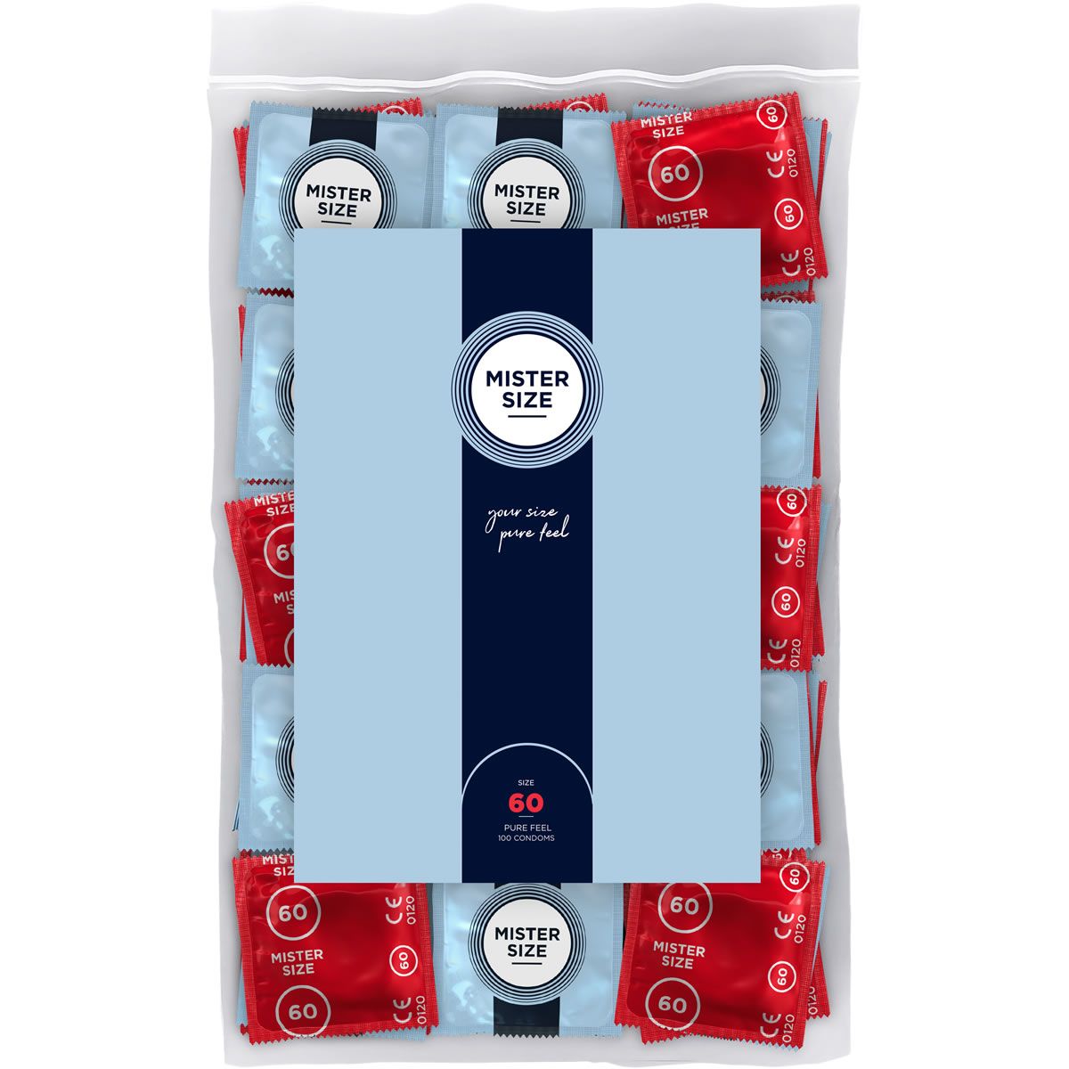 Confezione di preservativi. Preservativi rossi e blu visibili. La confezione riporta la scritta "MISTER SIZE" e il numero "60".