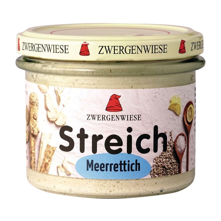 Glas mit Aufstrich. Deckel mit Schriftzug und Logo. Aufschrift "Streich Meerrettich".