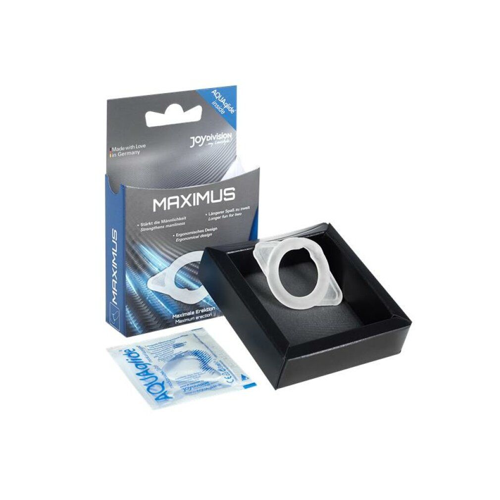 Produkt in Verpackung und Tablett. Weißer Ring, Beutel mit Gleitmittel. Marke JOYDIVISION, MAXIMUS. Ergonomisches Design.