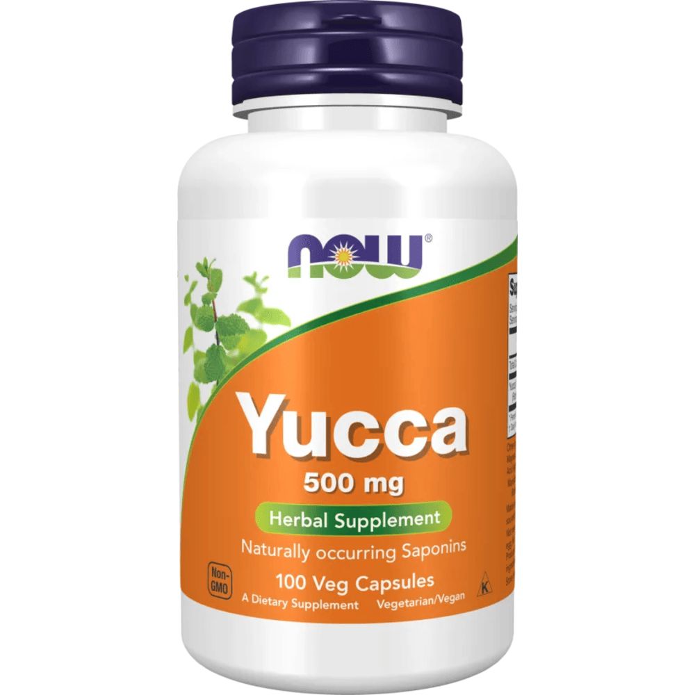 Weiße Flasche mit blauem Deckel. Aufschrift "Now" und "Yucca 500 mg". Enthält 100 Kapseln. Vegetarisch/Vegan.