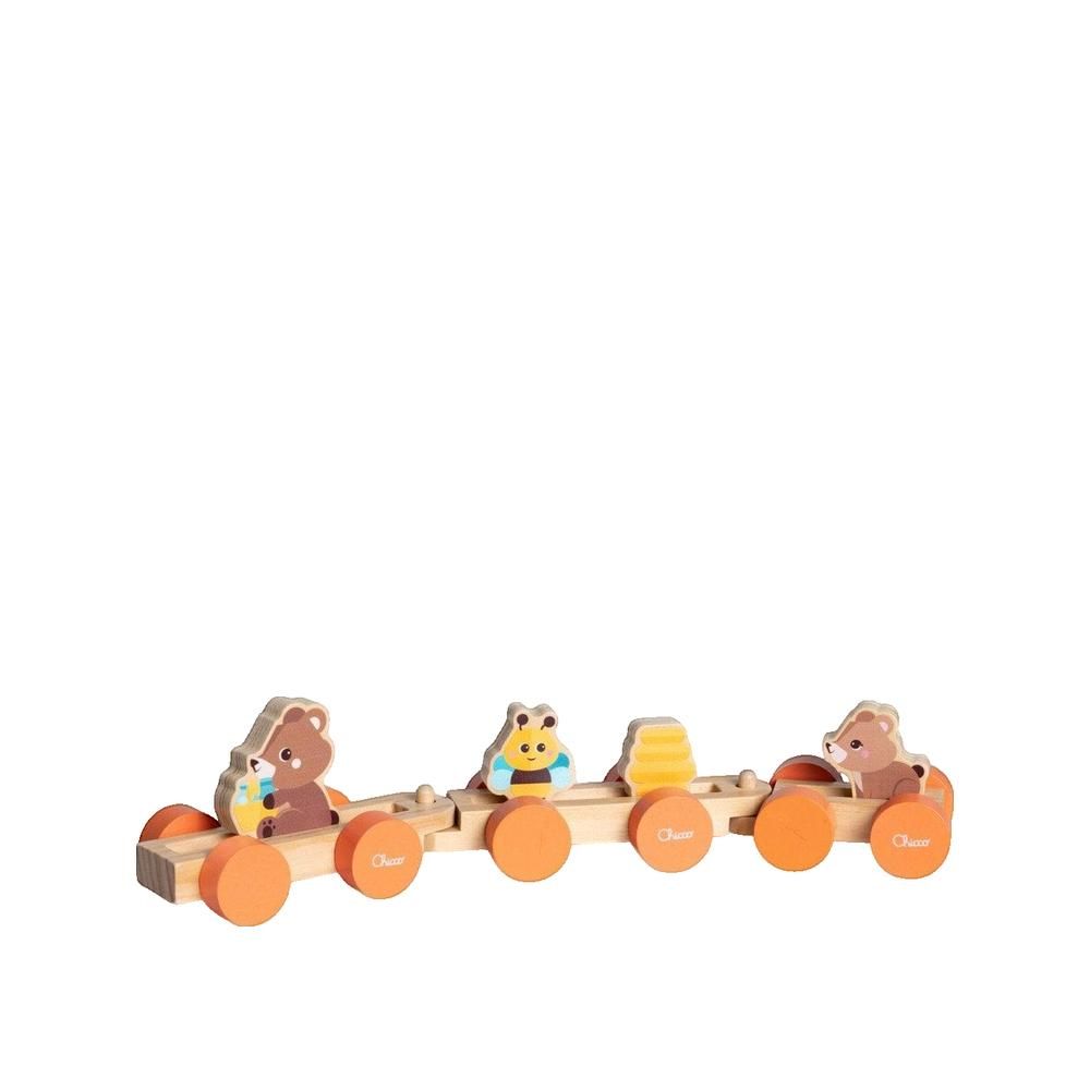 Holzzug mit Bären, Biene und Waben. Orangefarbene Räder, Holzkonstruktion. Chicco-Logo sichtbar.